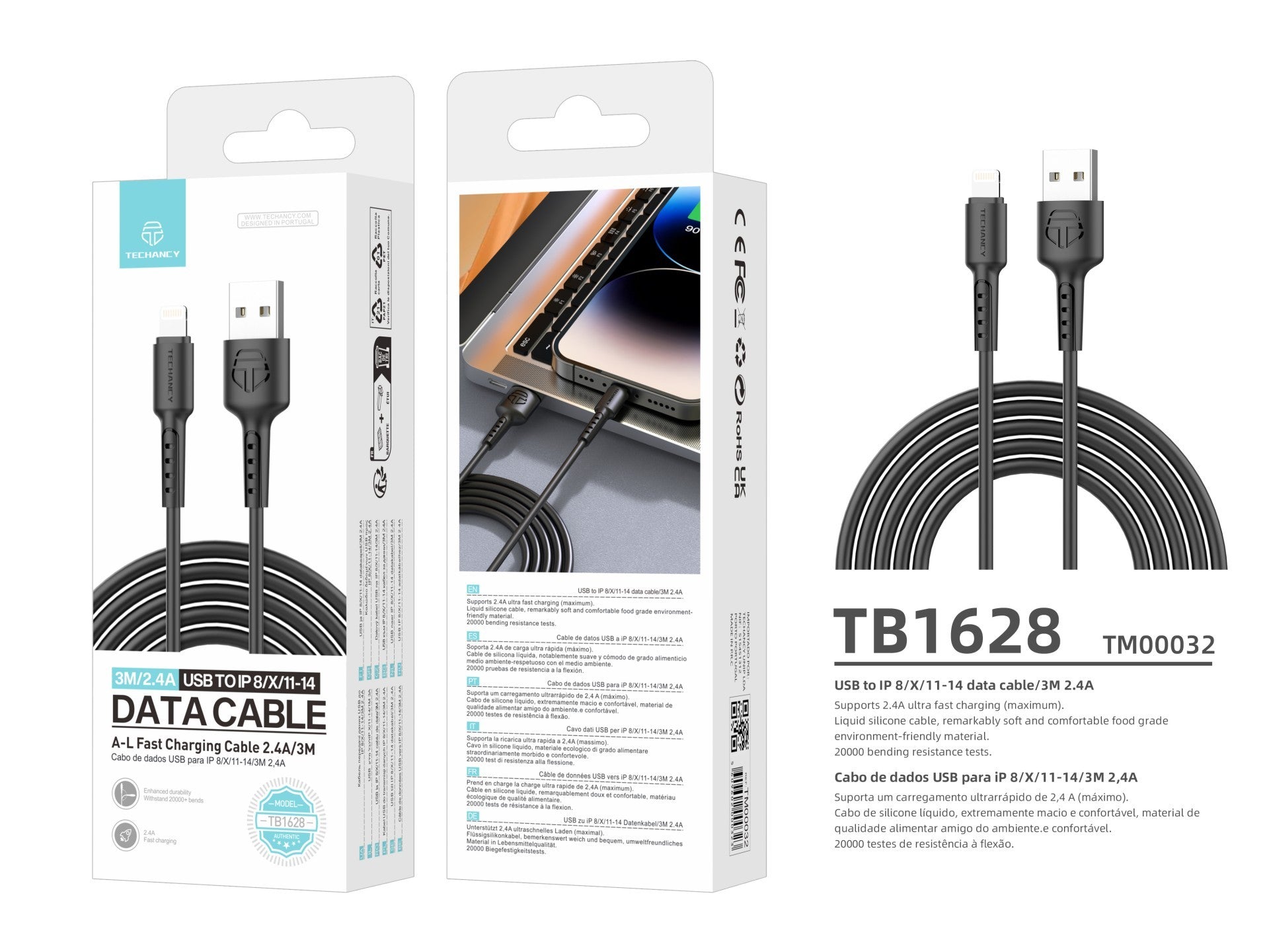 Techancy Black Data Cable TB1628, USB to Lightning Fast Charging Cable, 3M/2.4A, Compatible with iPhone/iPad