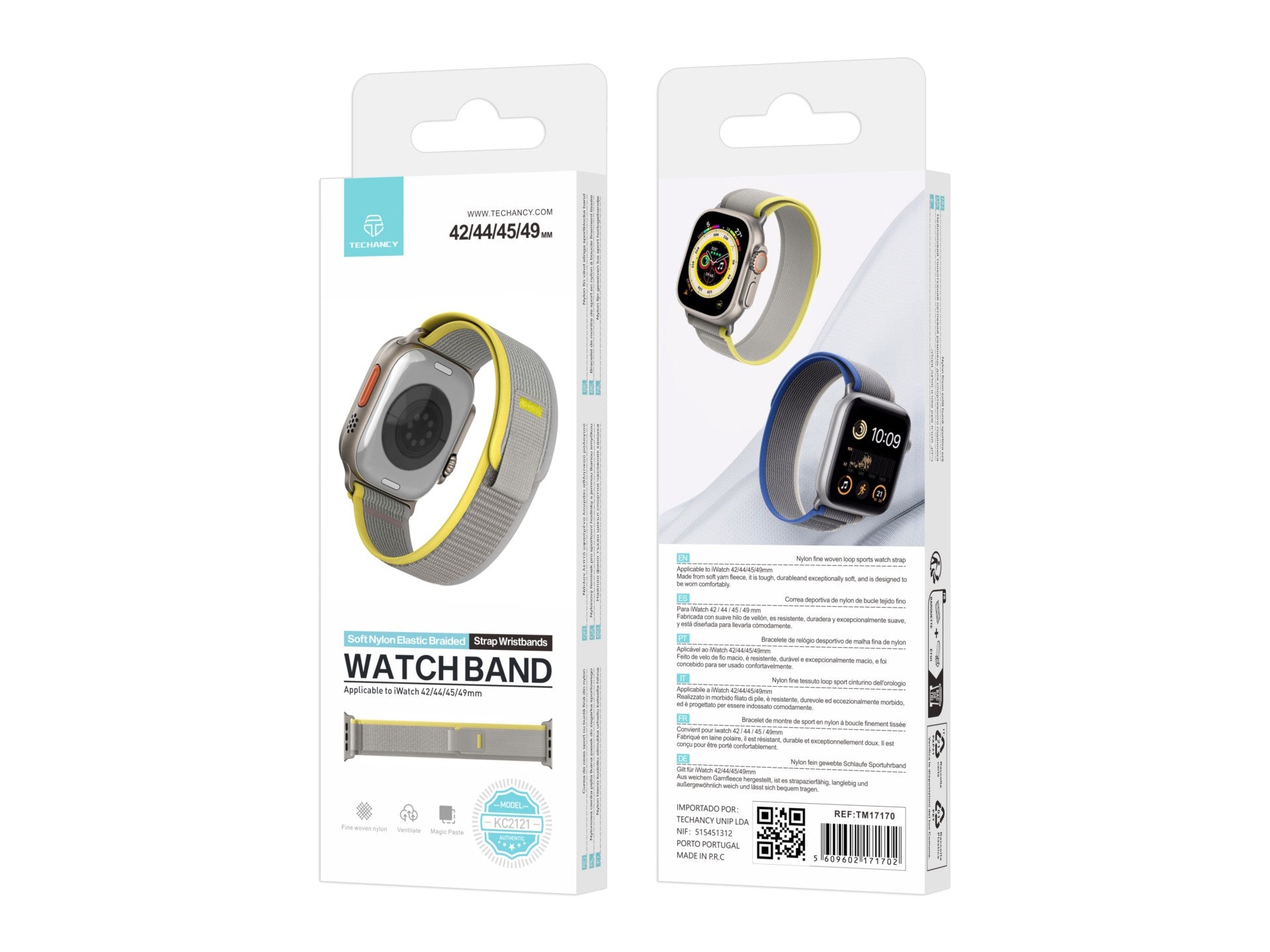 Techancy Faixa Desportiva Branca KC2121, Compatível Com Apple Watch Ultra 42 Mm/44 Mm/45 Mm/49 Mm, Nylon E Velcro, Fecho Ajustável.