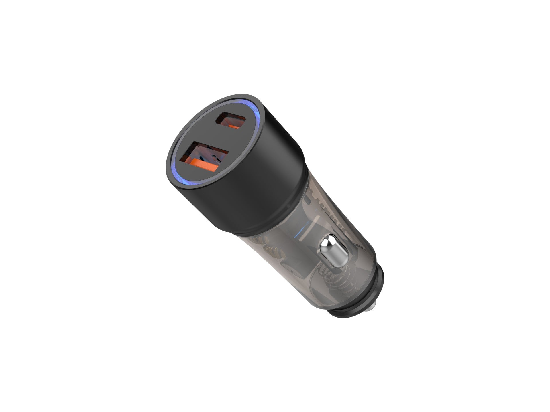 Cargador de coche Techancy TC6432 de 51 W con dos puertos USB-A y USB-C para cargar varios dispositivos. Transparente.