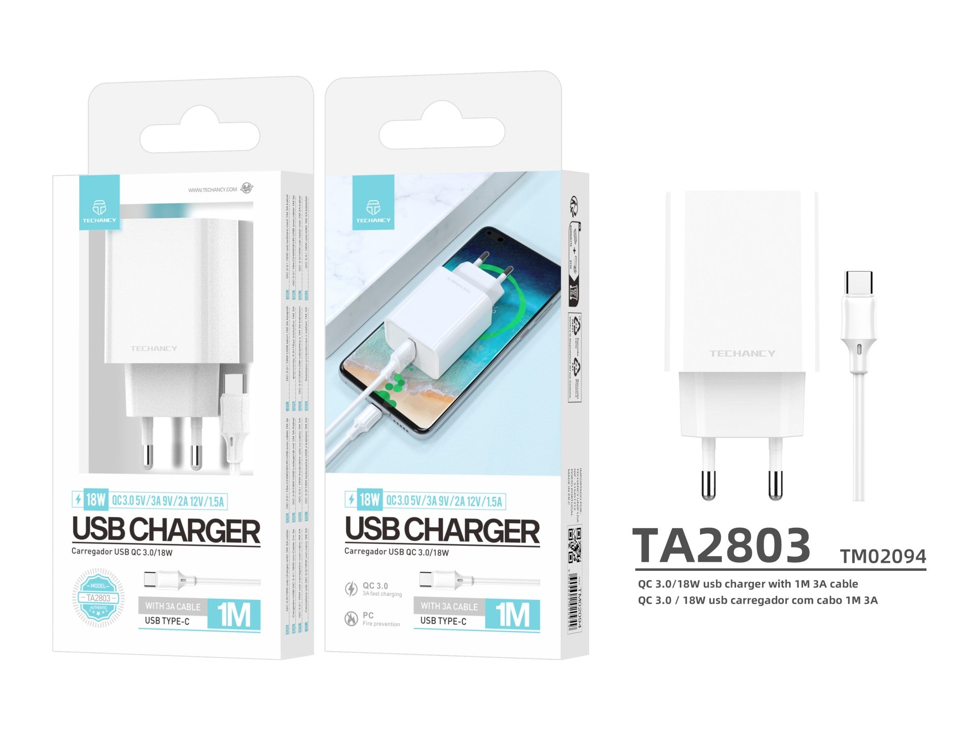 Techancy Carregador Qc3.0 18w Branco TA2803,Kit De Cabos Usb Type-C 3.0a,Compatível Com Samsung,Xiaomi,Huawei,Etc.,