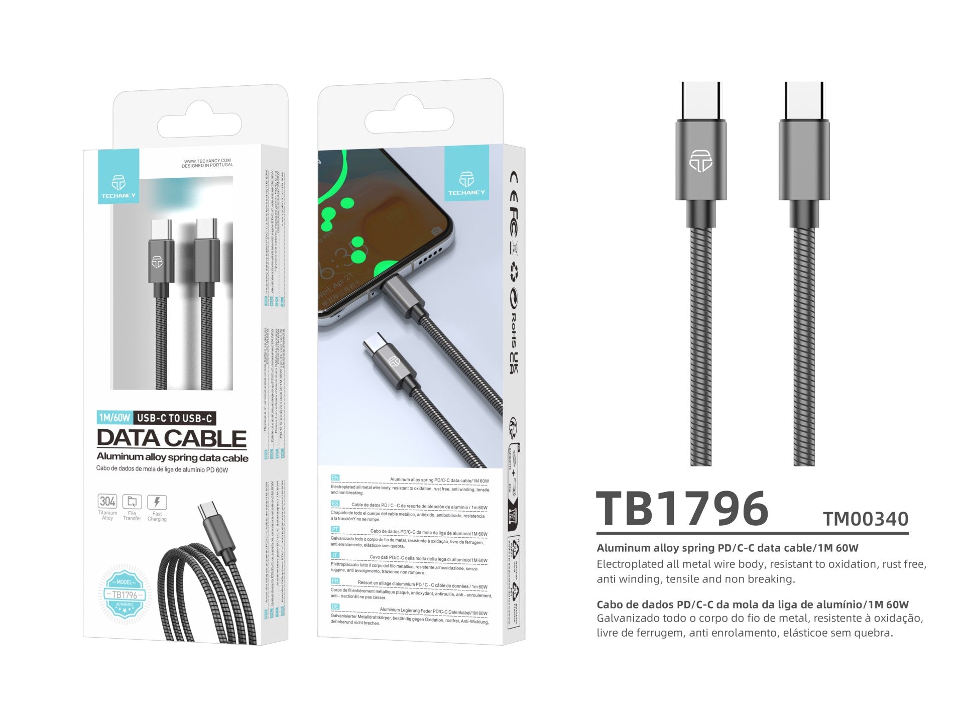 Techancy Cabo Usb C Para Lightning 1m TB1796, Design Totalmente Metálico, Resistente A Animais, Carregamento Rápido De 30 Watts