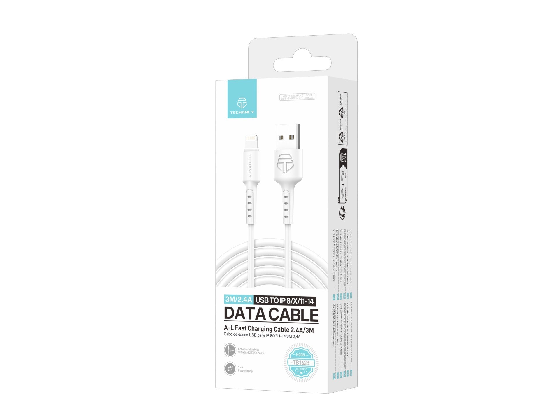 Techancy Cabo De Dados Branco TB1628, Cabo De Carregamento Rápido Usb Para Lightning, 3 M/2,4 A, Compatível Com Iphone/Ipad