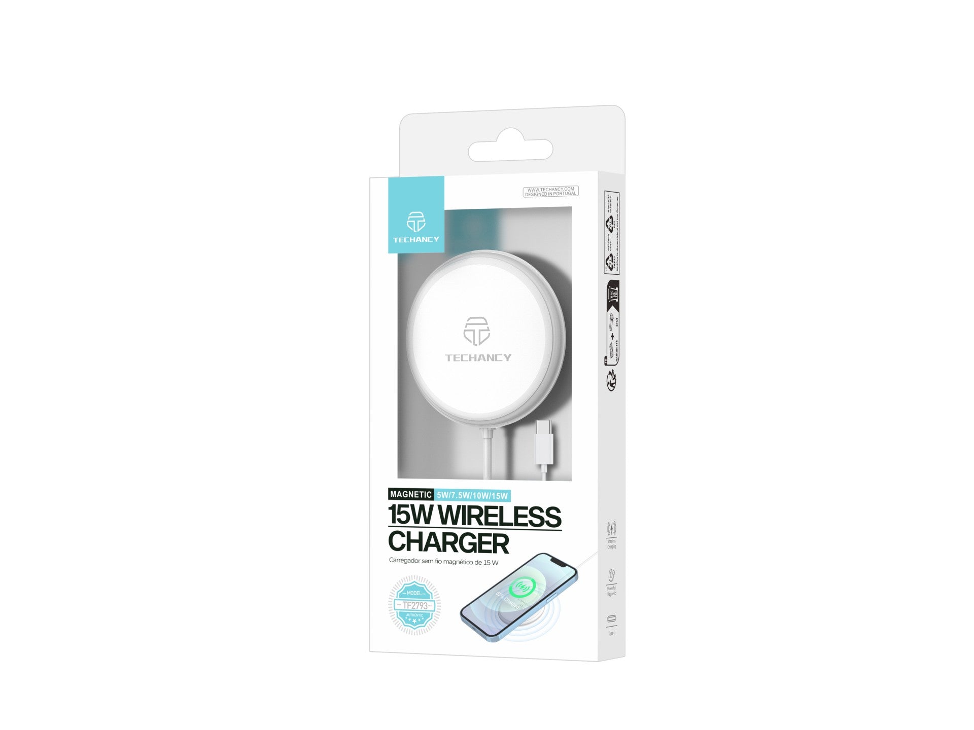 Techancy Carregador Sem Fio Magnético 15w TF2793, Compatível Com Iphone 12 E Acima, Compatível Magsafe, Porta Usb-C