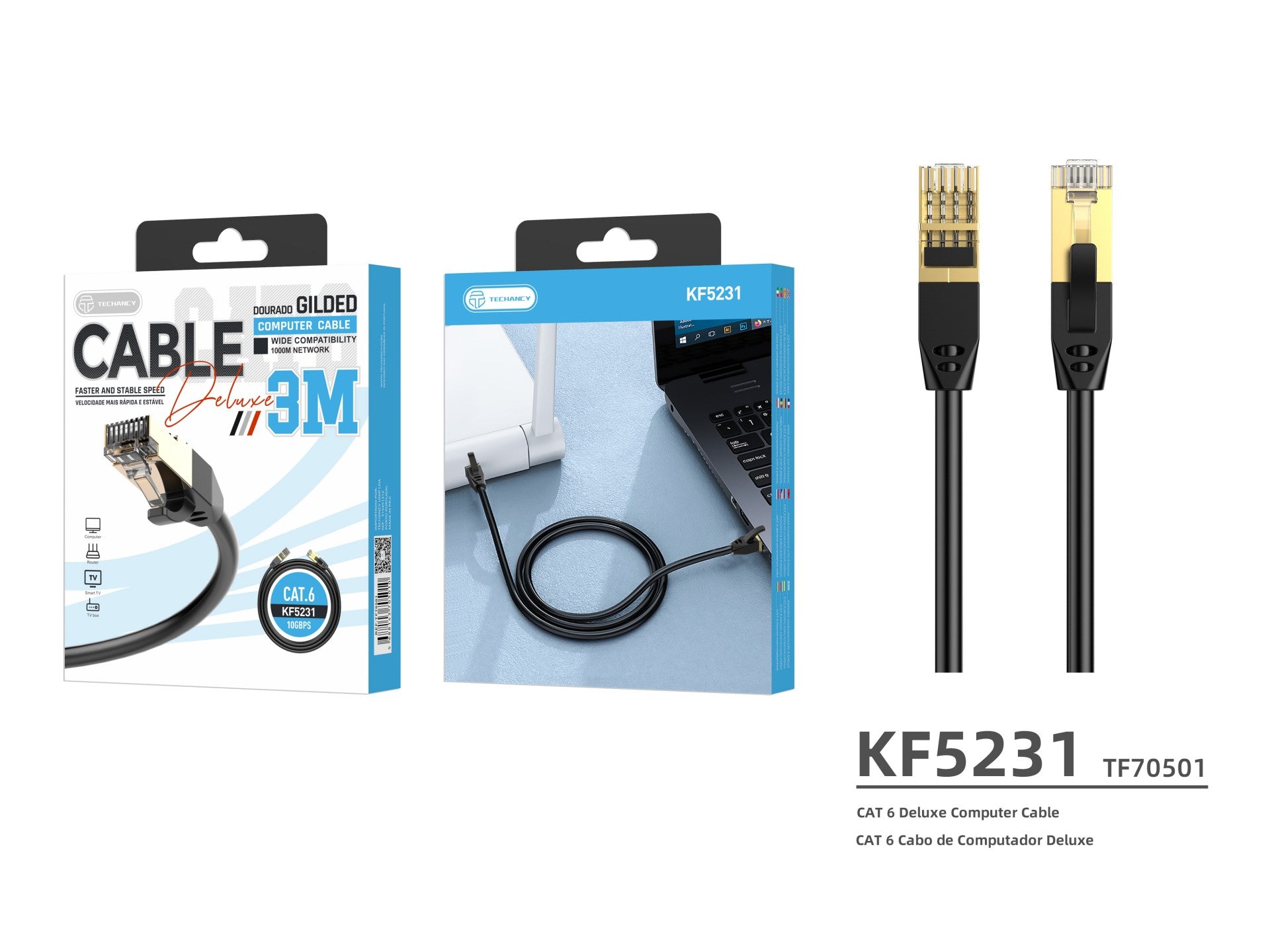 Cabo de rede Techancy CAT-6, KF5231, conector banhado a ouro RJ45, 3 metros, preto