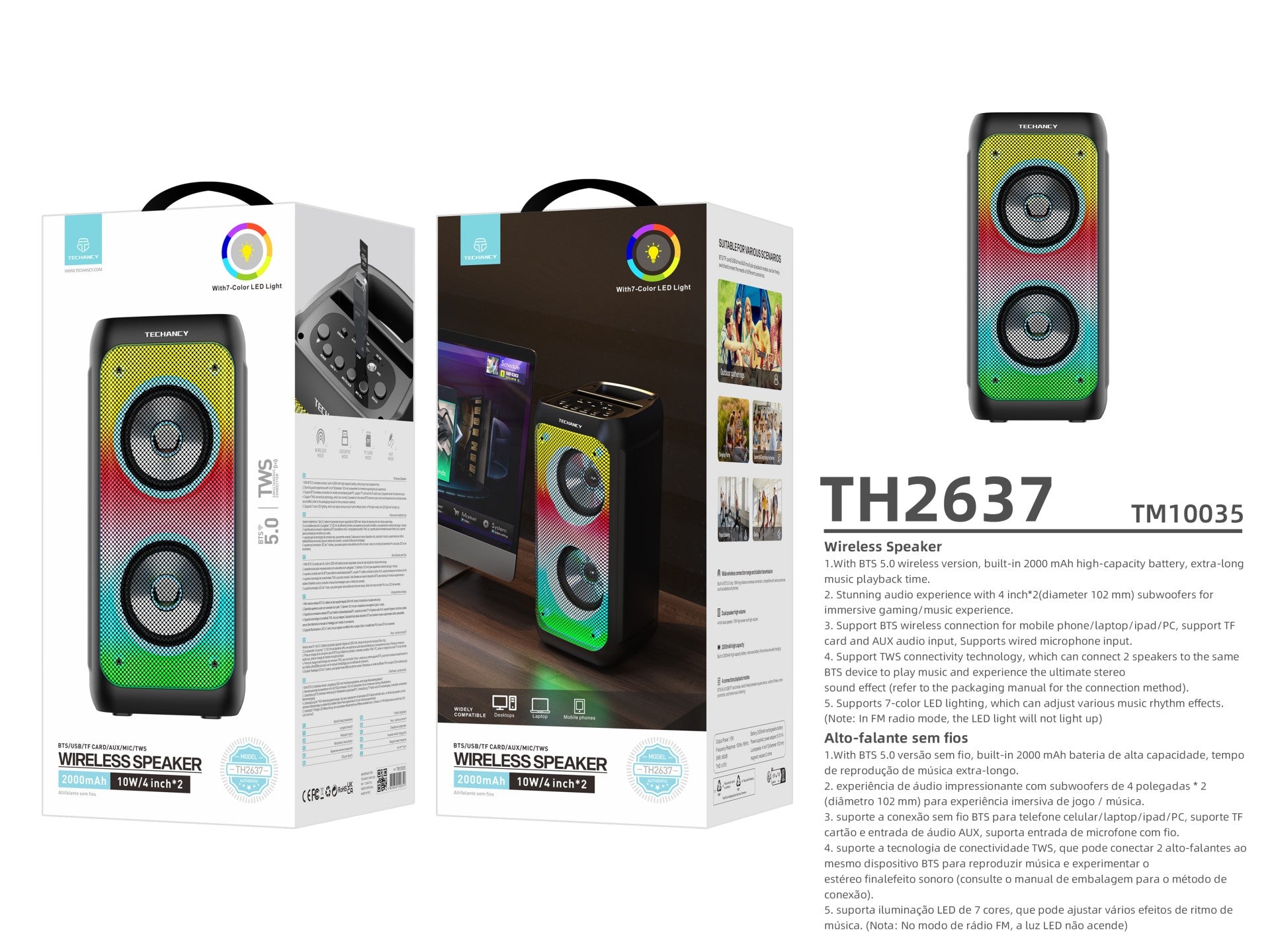 Altavoz Bluetooth inalámbrico Techancy TH2637, altavoz de 2 x 4 pulgadas, sonido estéreo TWS, ritmos de luz LED,