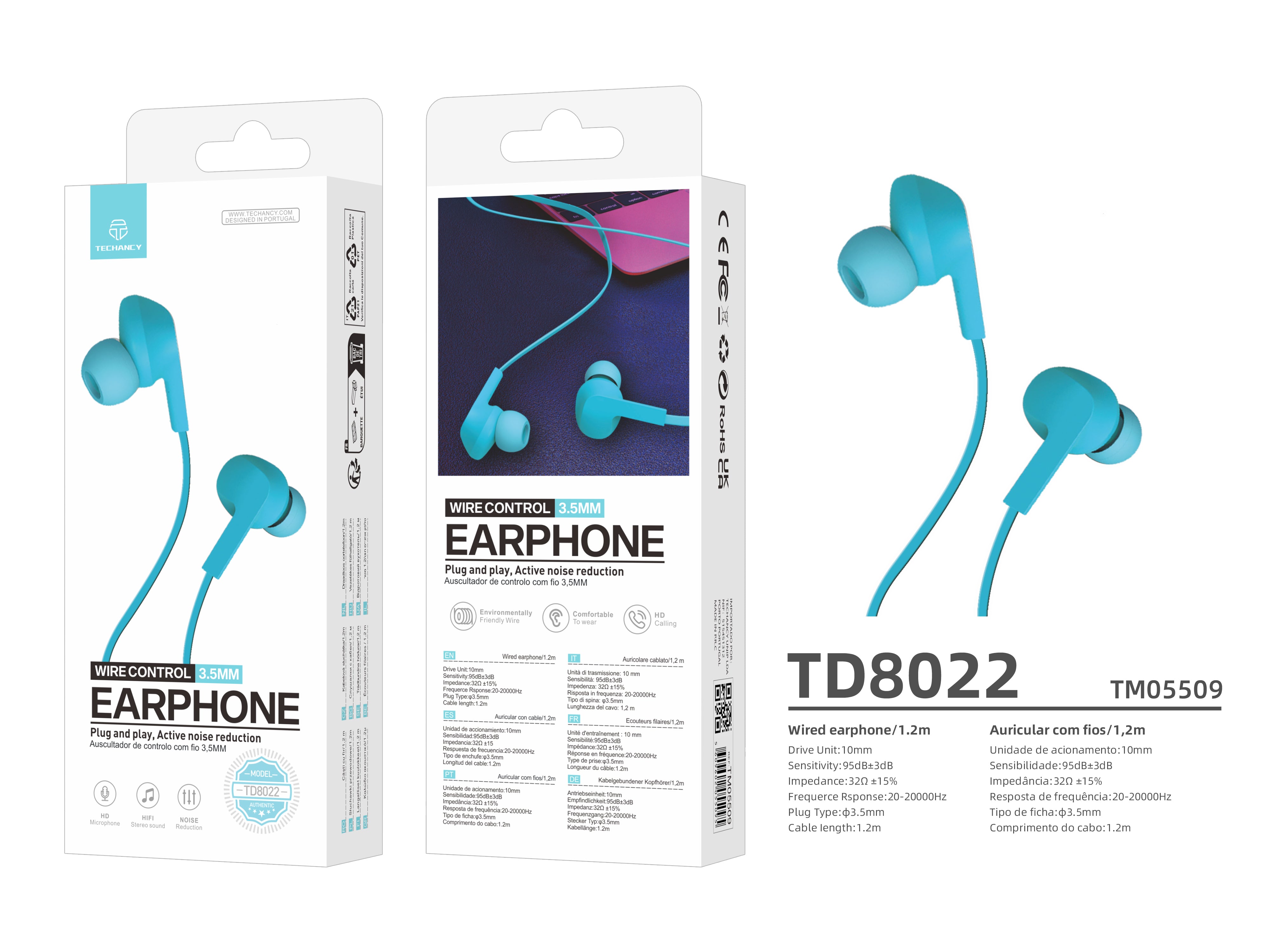 Techancy Auricular Com Fios Azul TD8022 , Microfone Integrado, 3,5 Mm, Compatível Com Smartphones E Tablets