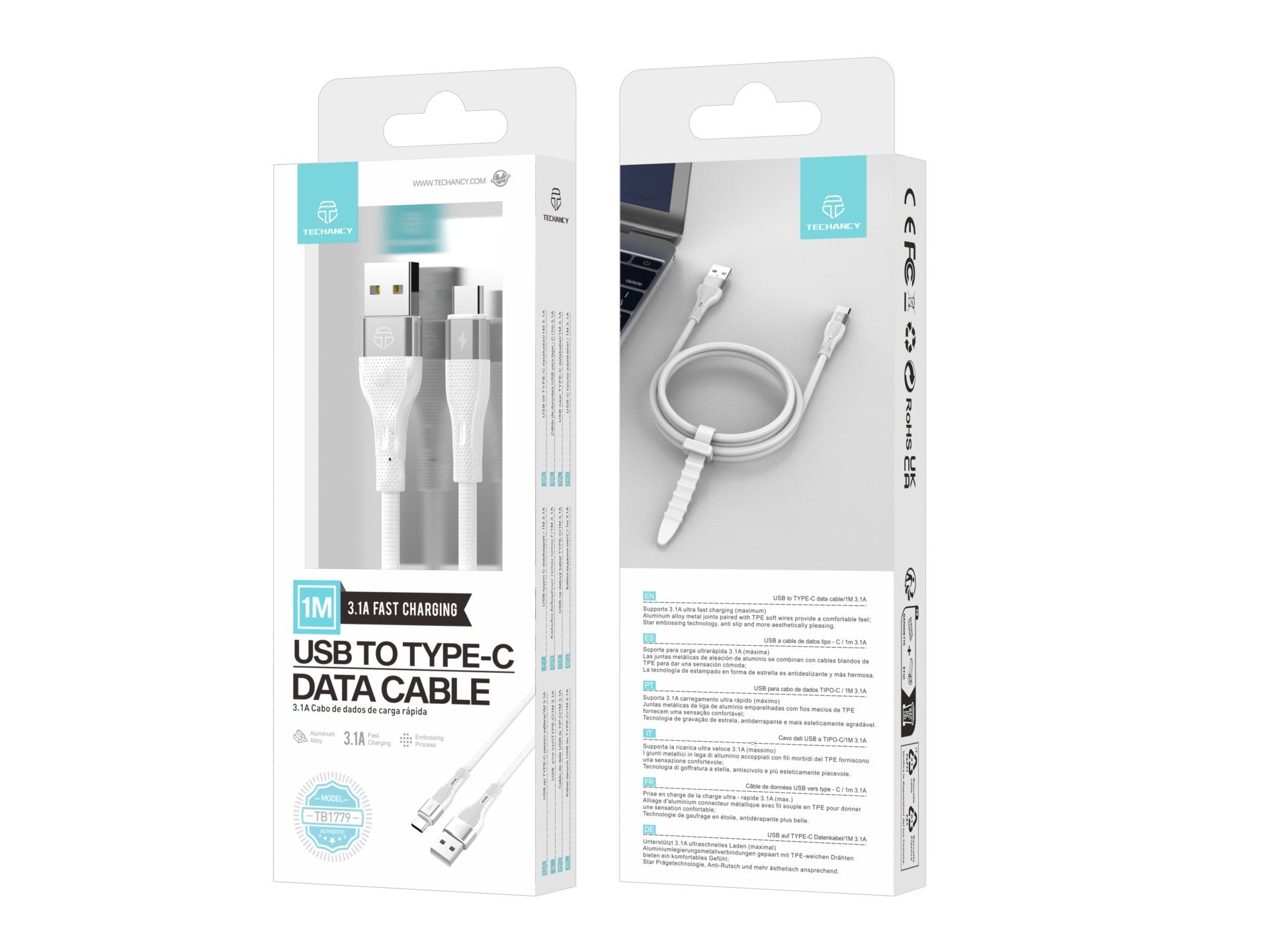 Techancy Cabo De Dados Usb Tipo C Branco TB1779, Carregamento Rápido De 3,1 A, Suporte Para Transferência De Dados De 480 Mbps