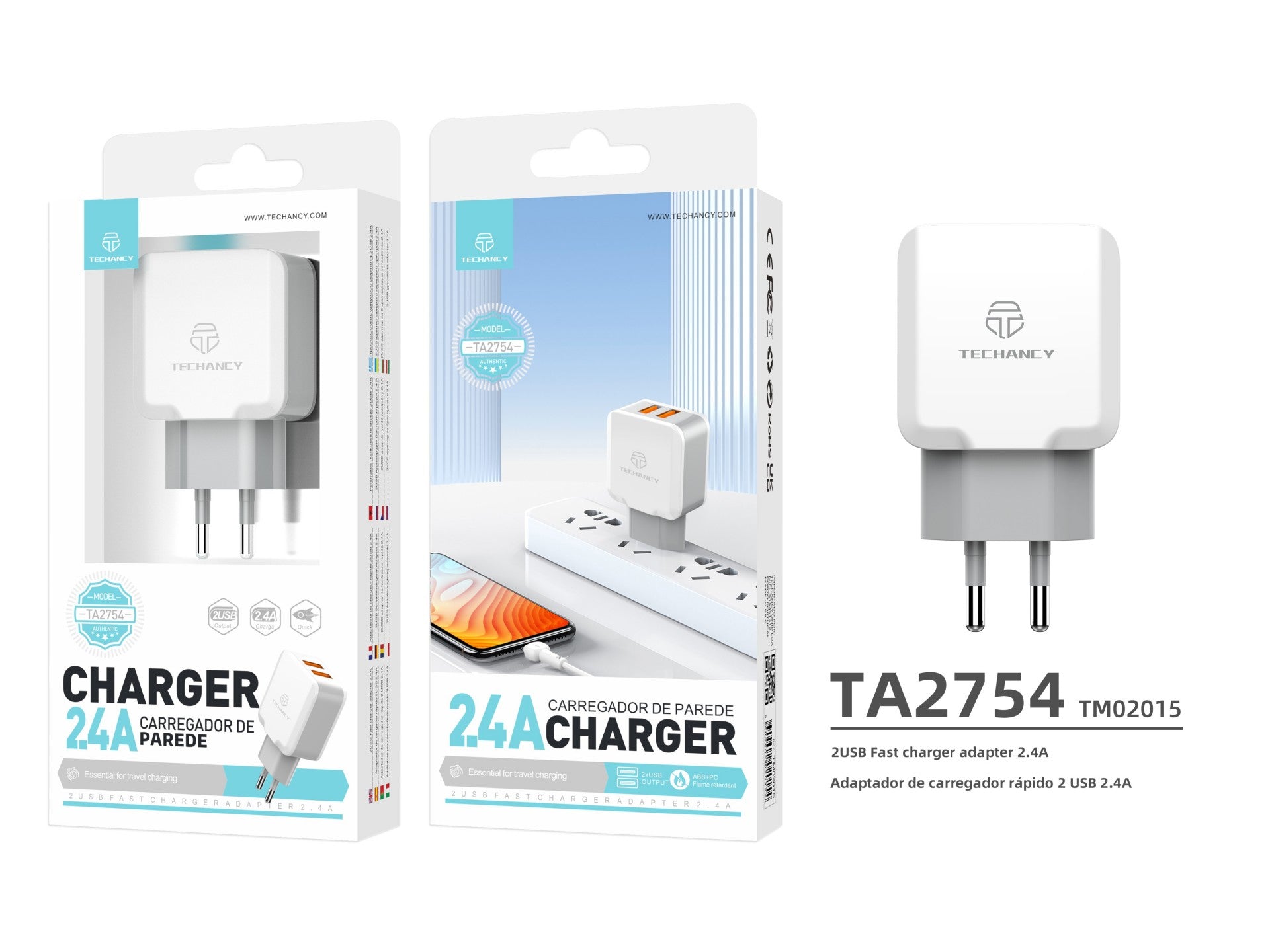 Techancy Carregador De Parede Com Duas Portas Usb 2.4A Branco TA2754 Para Carregamento Rápido De Smartphones E Tablets