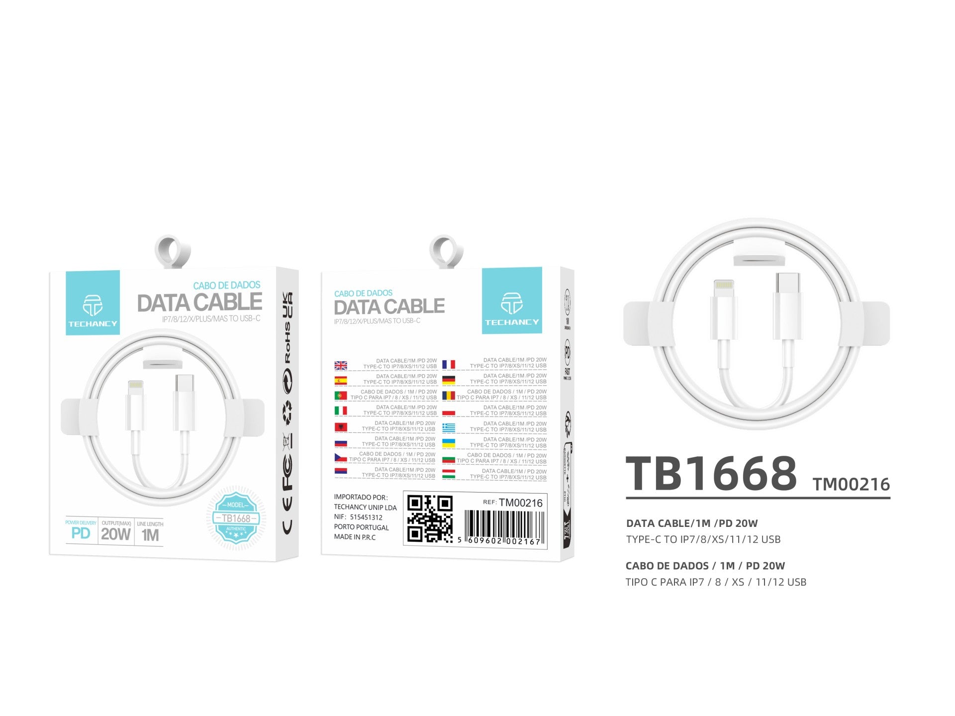 Techancy PD Fast Charging Data Cable 20W 1m TB1668, USB C-IP8/X/11-14 Interface, Compatible with iPhone, iPad