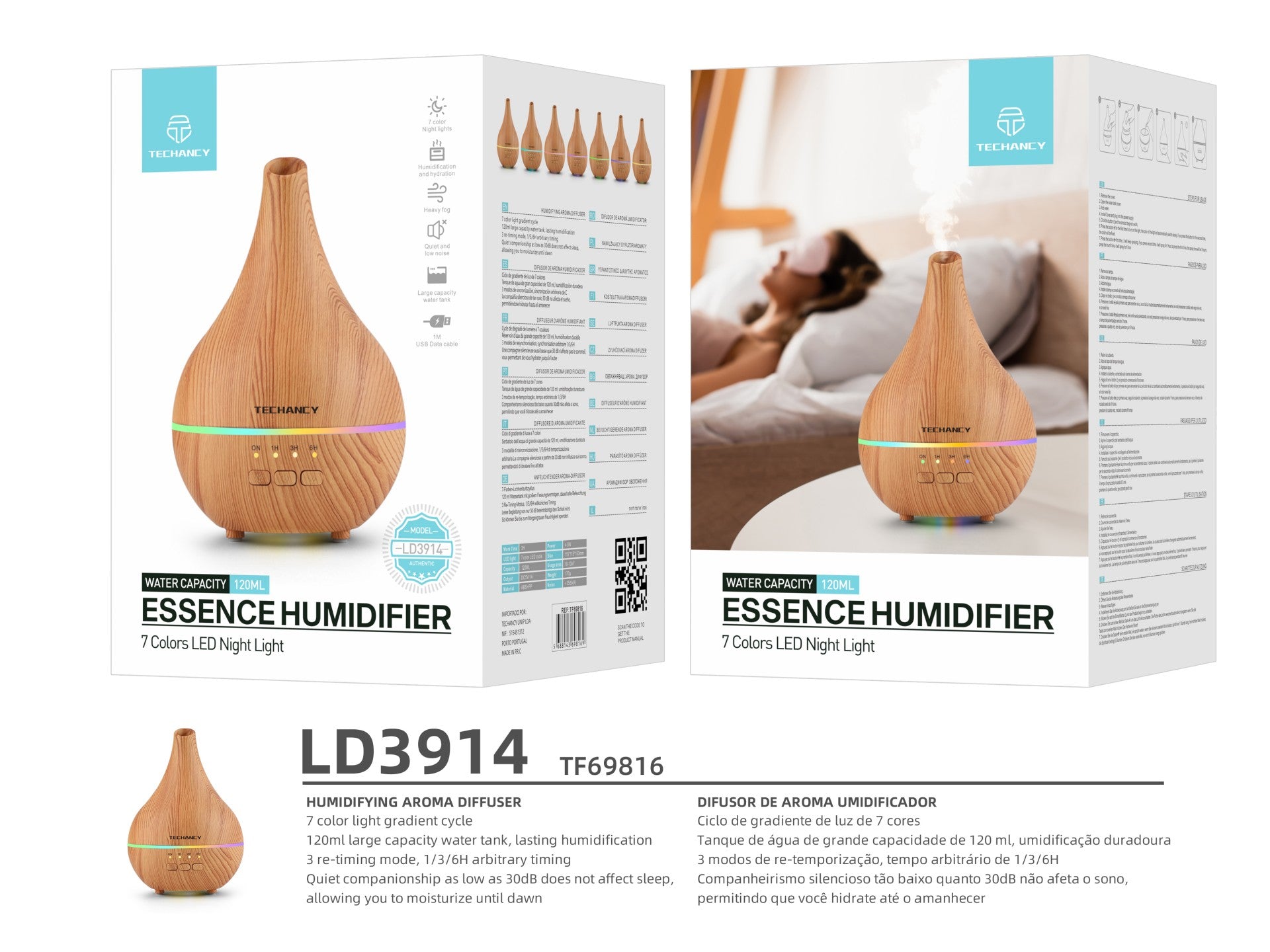 Difusor de aromaterapia Techancy, LD3914, con función humidificador, acabado en madera