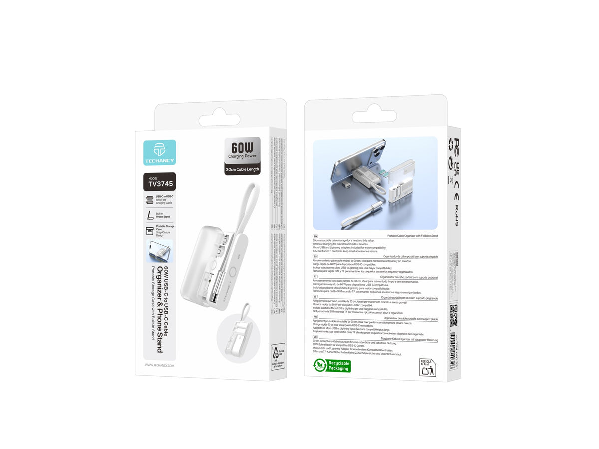 Kit com Cabo USB-C 60W TECHANCY TV3745, 30 cm, Estojo com Suporte Dobravel, Adaptadores Micro USB e Lightning