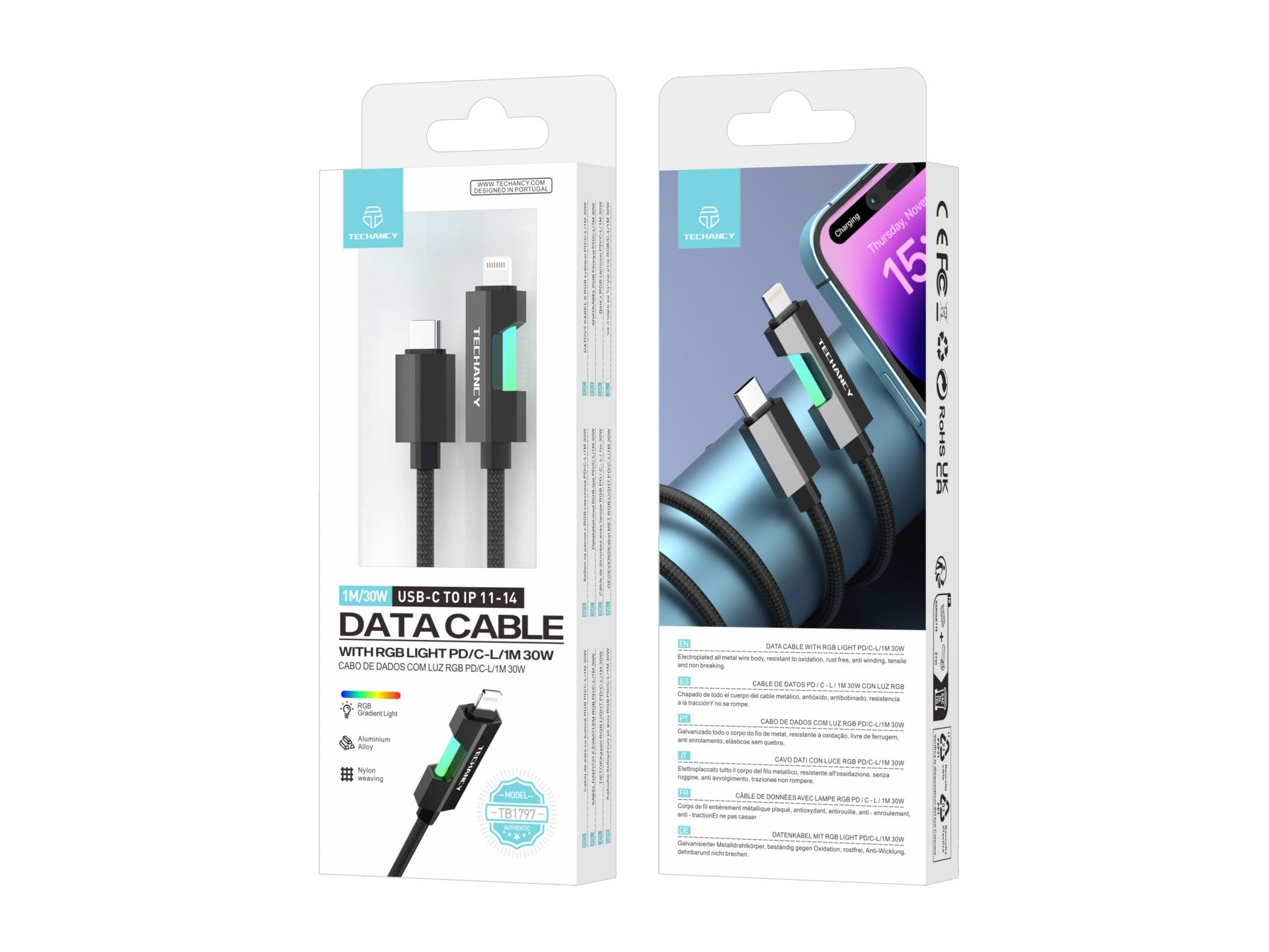 Techancy Cabo Usb-C Para Lightning TB1797, 1 Metro/30 Watts, Luzes Rgb, Trançado Em Alumínio, Compatível Com Iphone 11-14 Preto