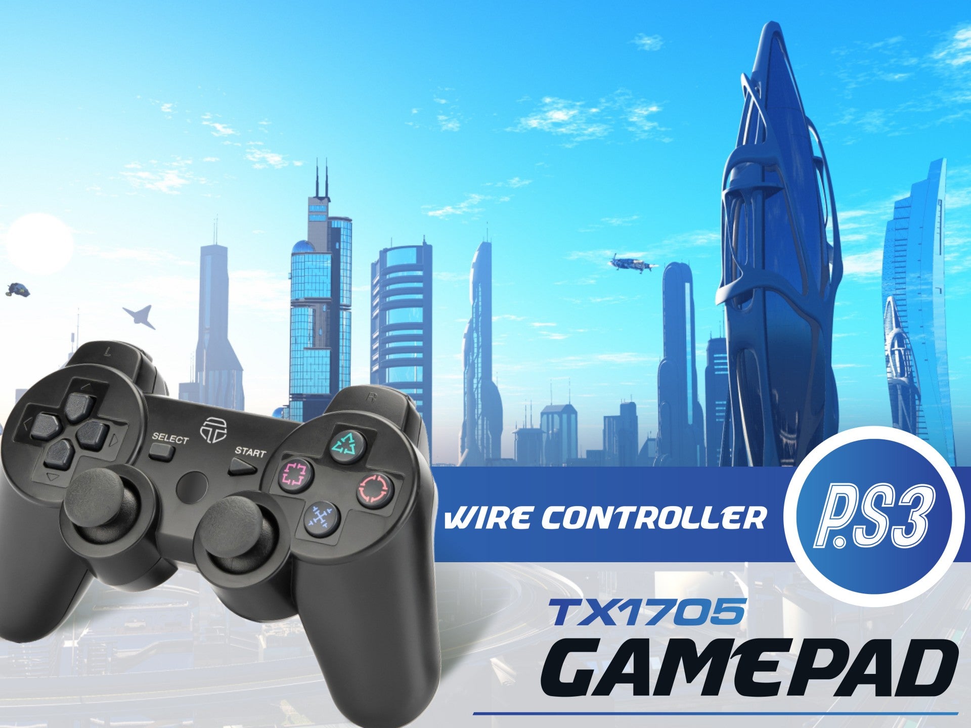 Techancy TX1705 Wired USB Gaming Controller for PS3 + PC, with Dual Joysticks and Vibration Feedback, Black
