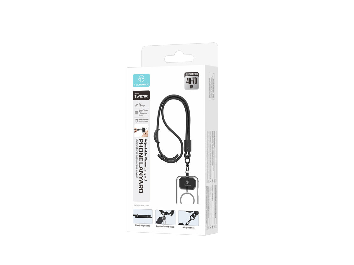TECHANCY TW2780 Mobile Phone Lanyard, Adjustable 40-70 cm, 8 mm Braided Cord, Neck and Shoulder Strap, Black