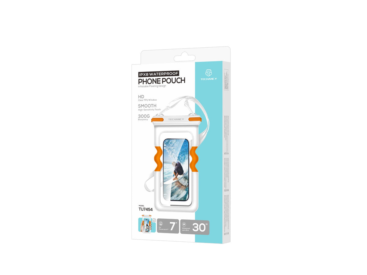 Bolsa Impermeavel Insuflavel para Telemovel Techancy TU7454, 7 Polegadas, IPX8, Ate 30m, Flutuante, Ecra Tatil, Branco e Laranja
