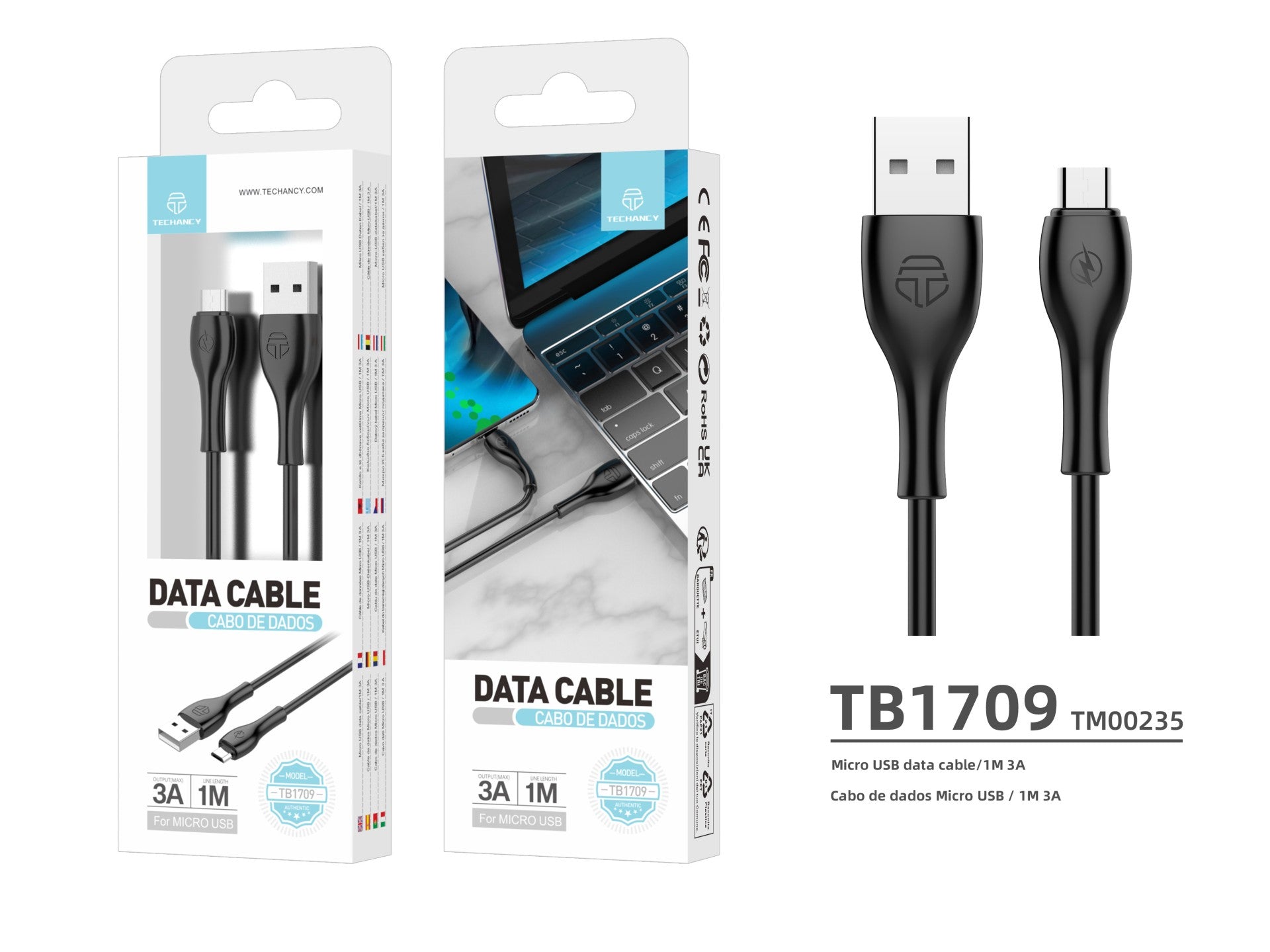 Cable de datos rápido Techancy 3A TB1709, conector USB-Micro, 1 metro de longitud para transferencia de datos, negro