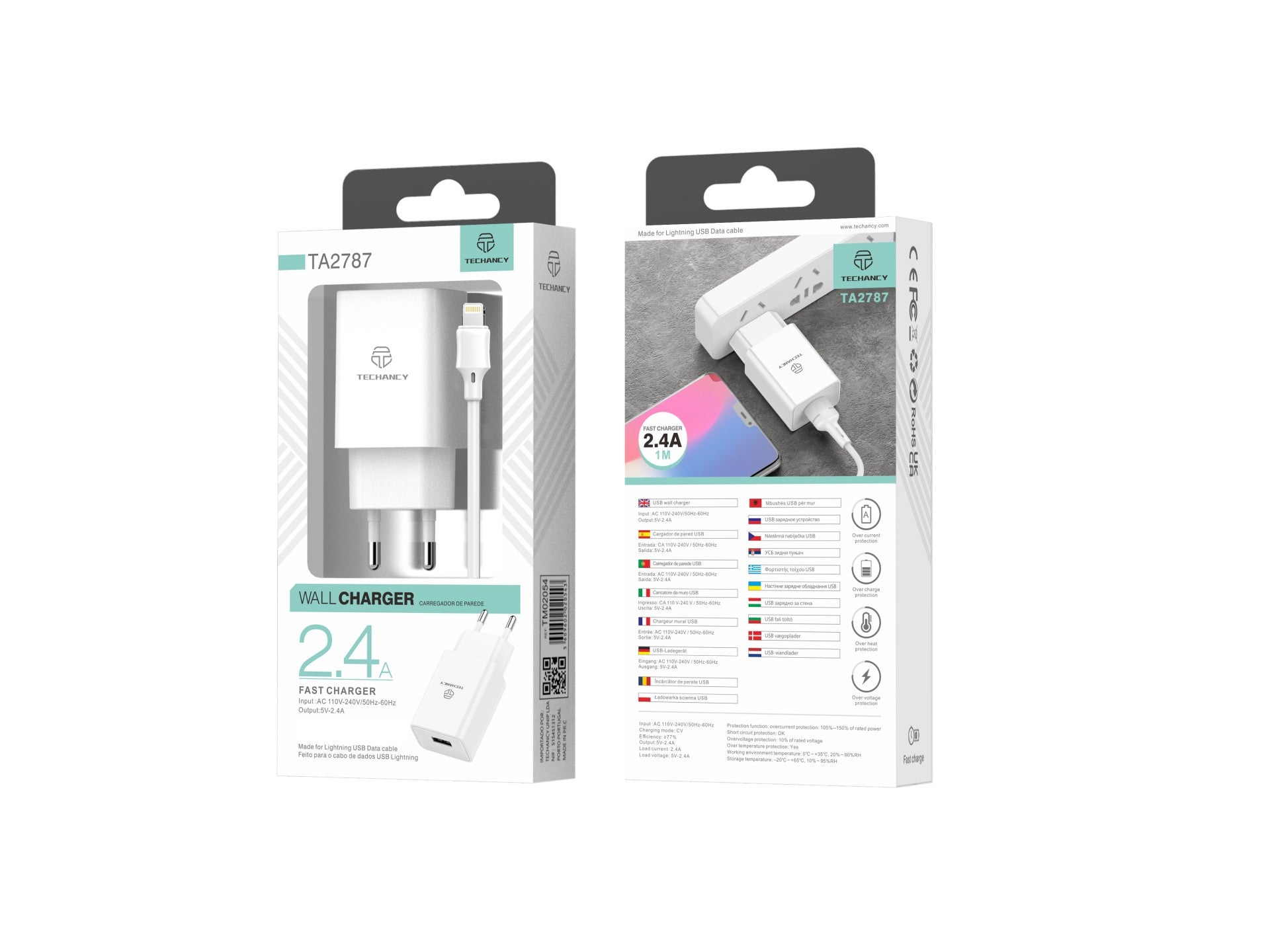 Techancy Carregador De Telemóvel Branco TA2787, Saída Usb 5v-2.4a Carregamento, Conjunto De Carregador De Cabo Usb-Ip 1m