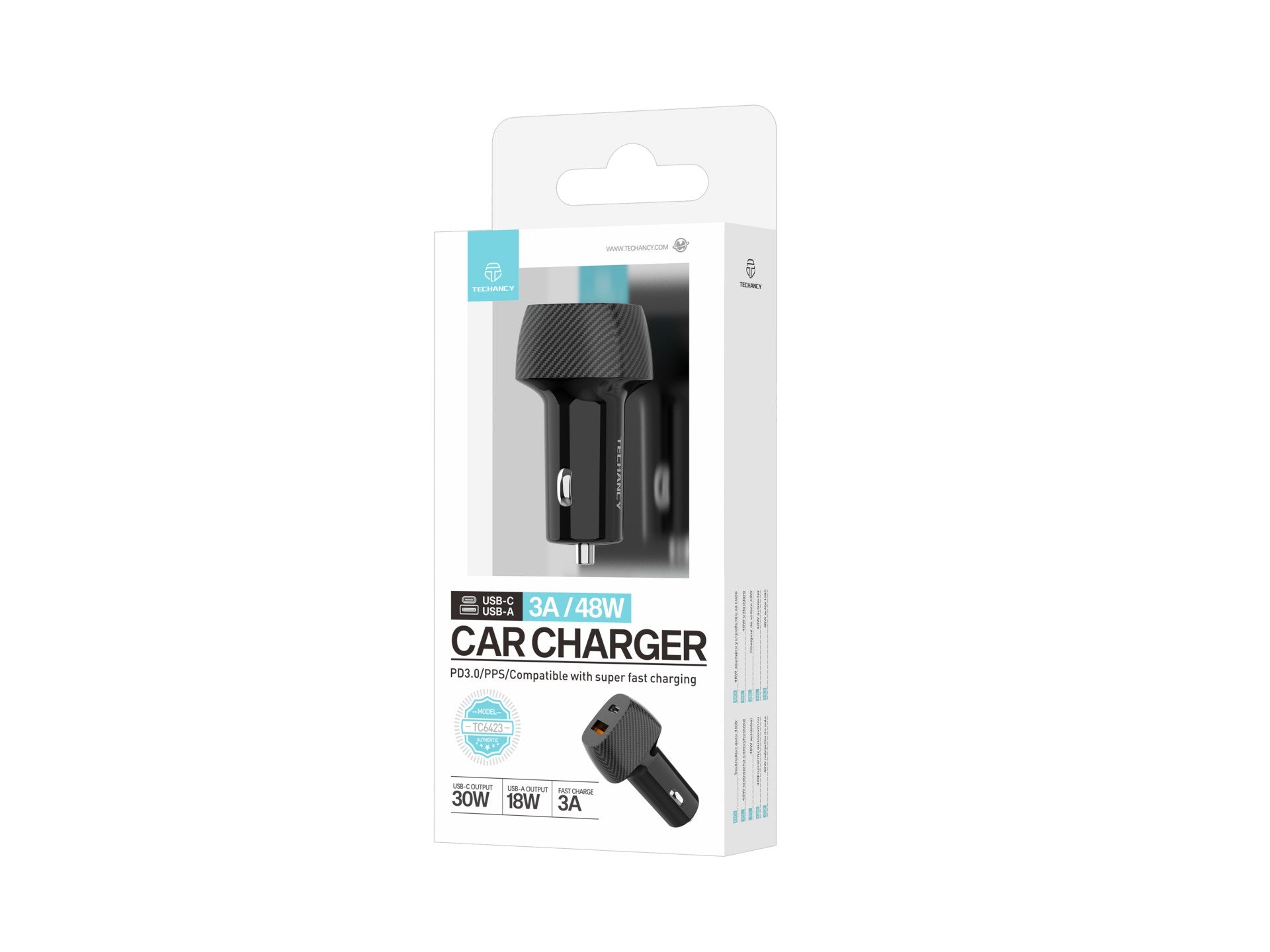 Techancy 48W Car Charger TC6432, Dual Port PD3.0 Fast Charging USB-A+USB-C, Black