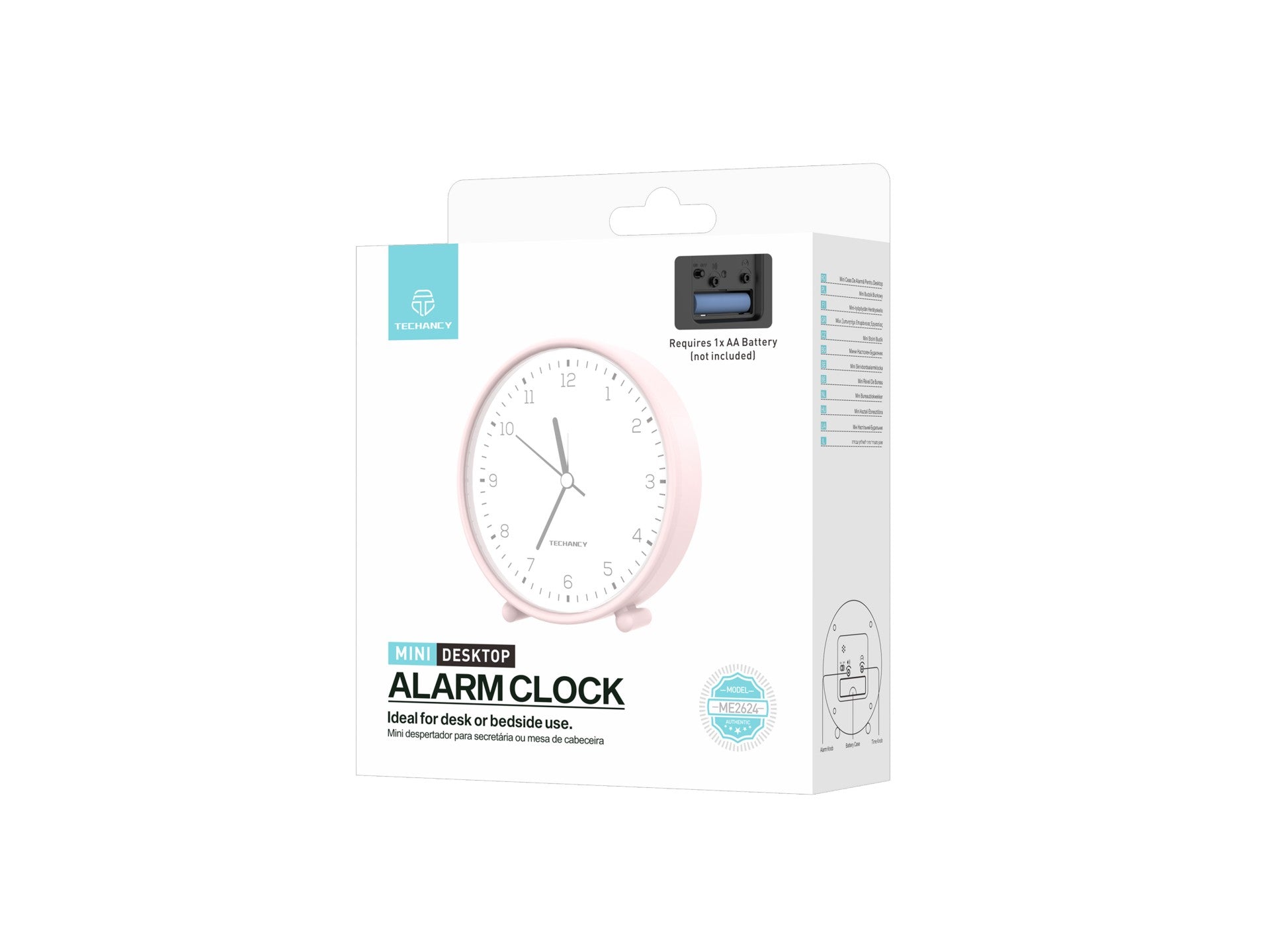 Techancy Mini ME2624 Silent Desk Alarm Clock, Large Numbers, Mirror, HD ABS Body, Portable for Bedroom and Desk, Pink Color