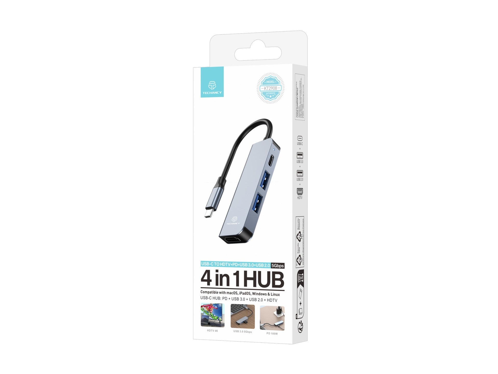 Techancy Hub USB-C 4 em 1 KT2908 com HDTV, PD, USB 3.0 e USB 2.0, Compativel com PC e Telemovel, Cinzento
