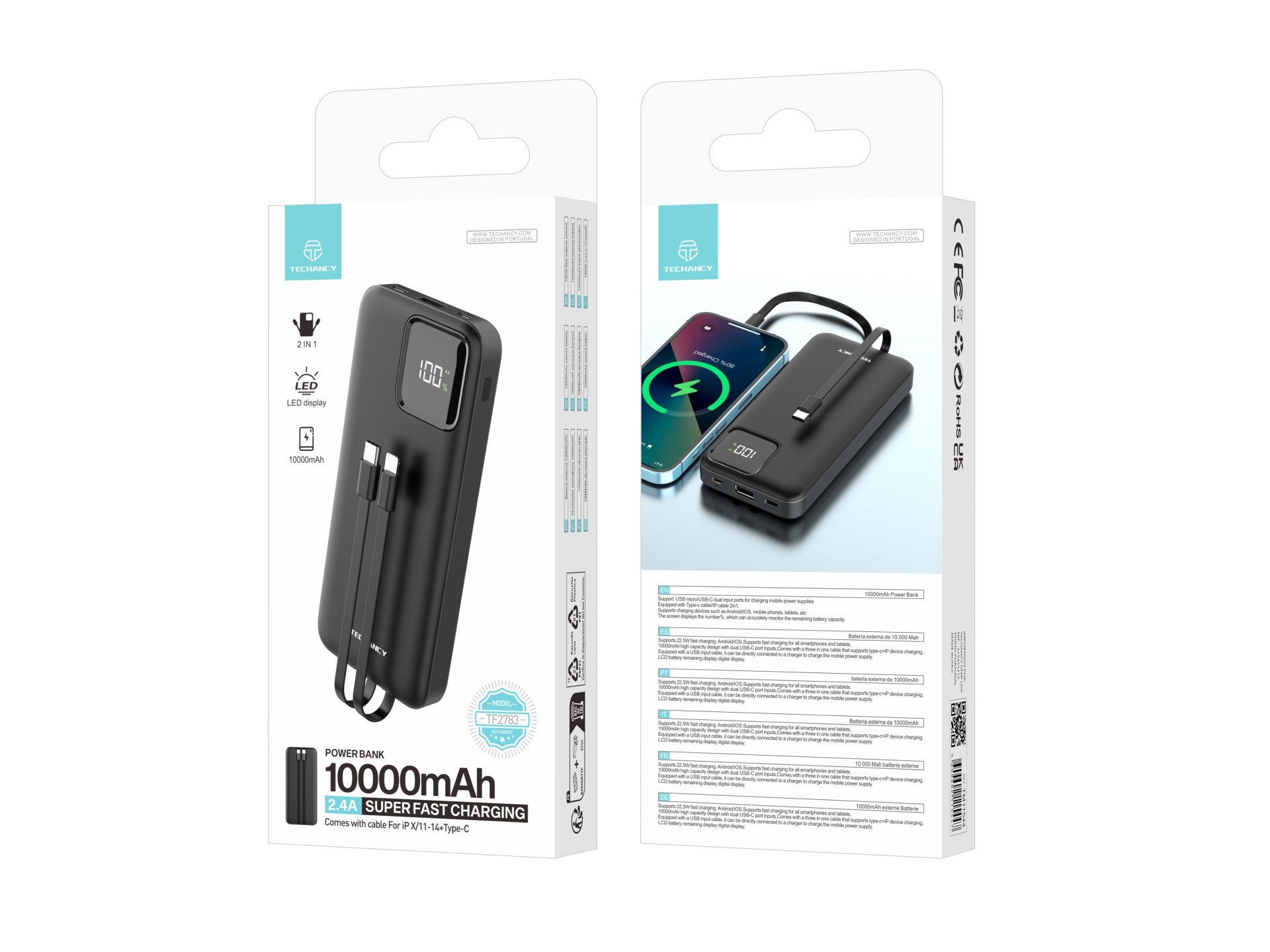Techancy Mobile Power 10000mah 2.4a Charging TF2783, Cabo De Carregamento 2 Em 1 Usb C+Ip, Ecrã Digital De Energia, Preto