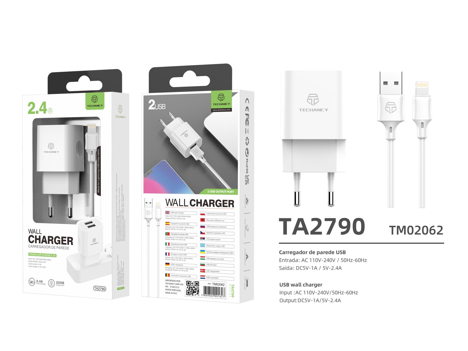 Techancy Carregador De Parede 2usb Branco TA2790, Carregamento 5V-2,4A, Conjunto De Cabos Lightning 1m, Compatível Com Iphone/Ipad