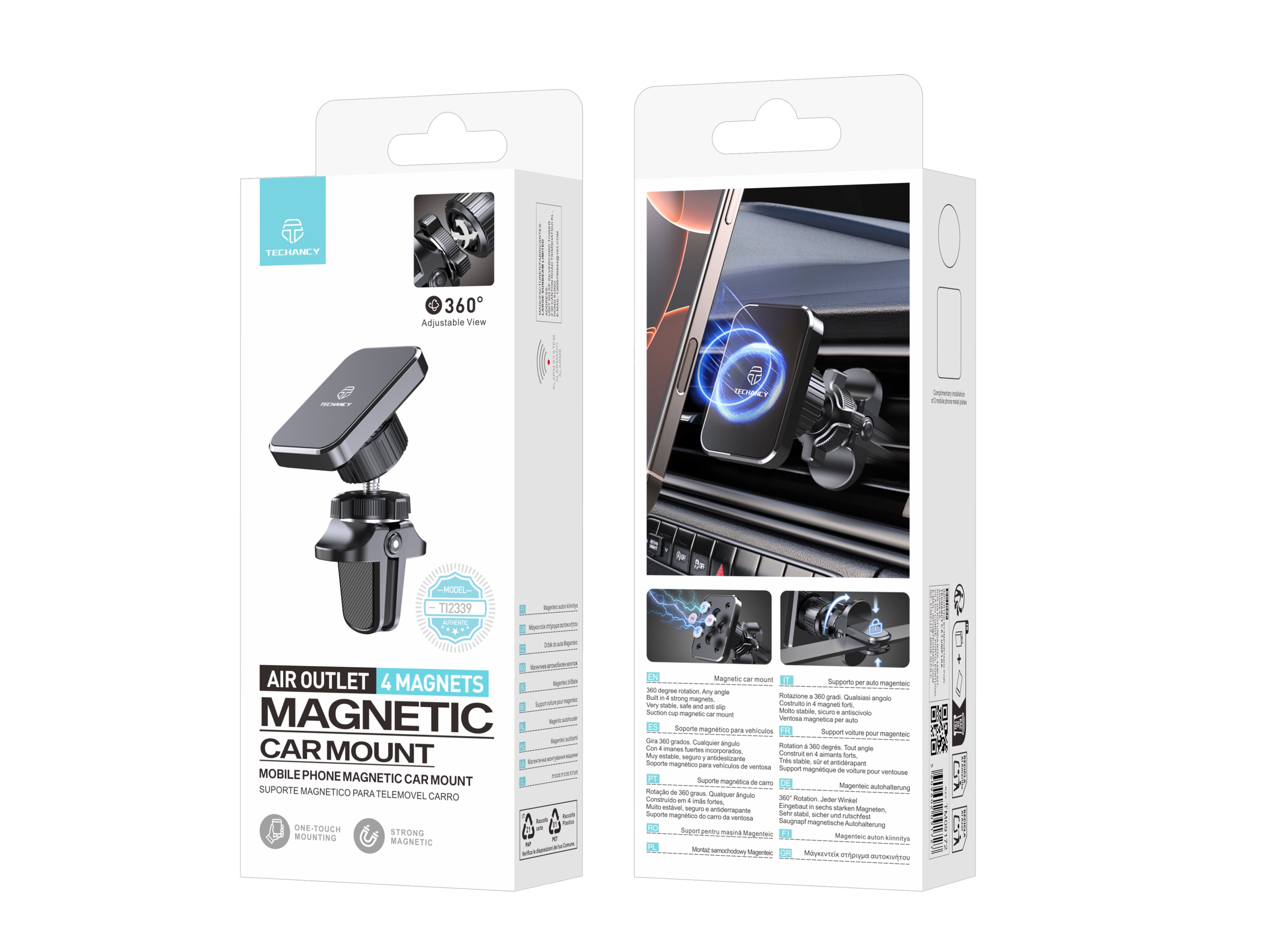 Soporte magnético para coche Techancy TI2339, con ángulo de 360 grados para parrilla, 4 imanes potentes, estables y antideslizantes, color negro