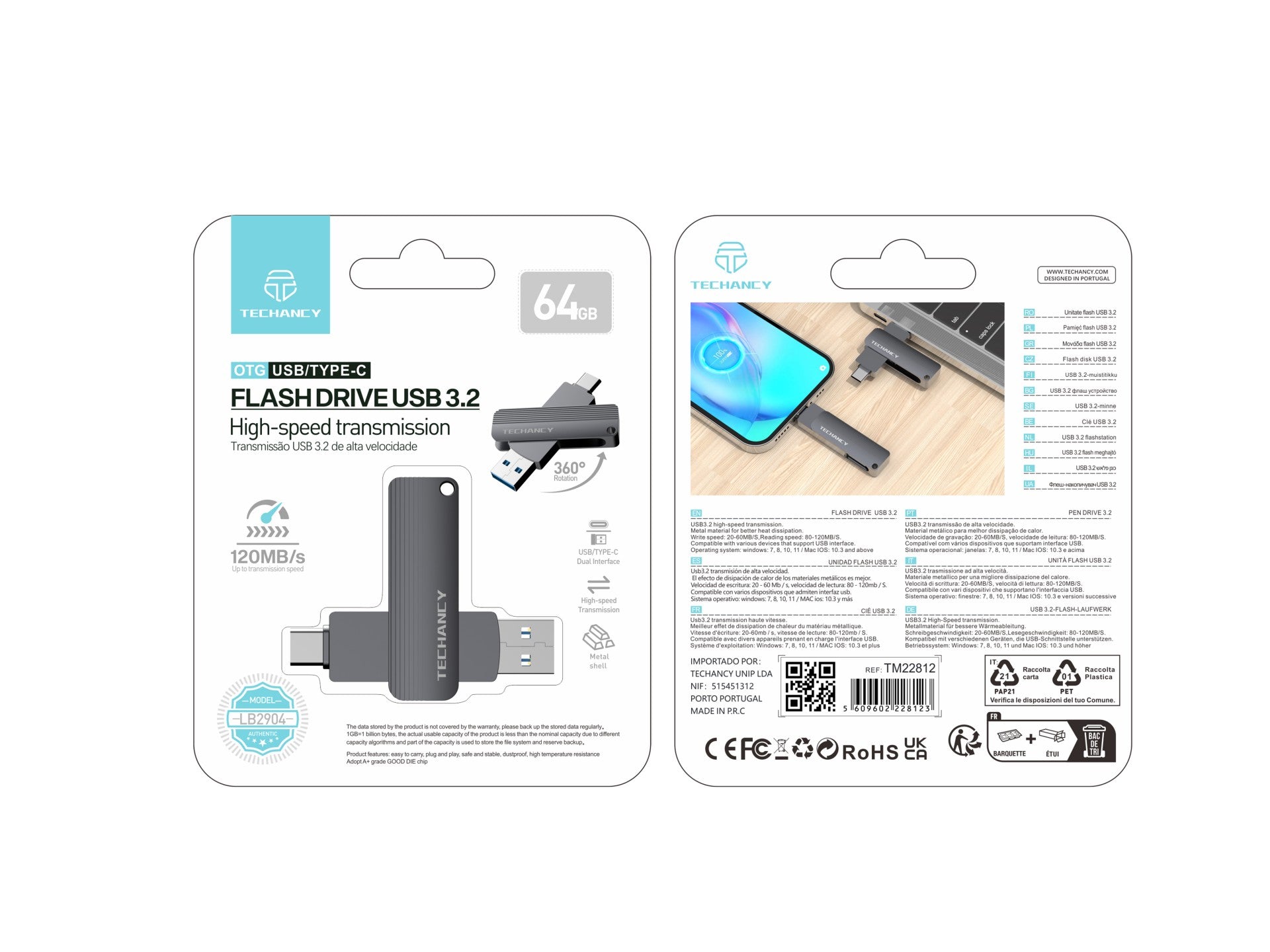 Techancy Unidade Flash Usb3.2 De Alta Velocidade LB2904, 64 GB, Conetor 2 Em 1 Tipo C E Usb-A, Compatível Com Pc/Móvel/Mac
