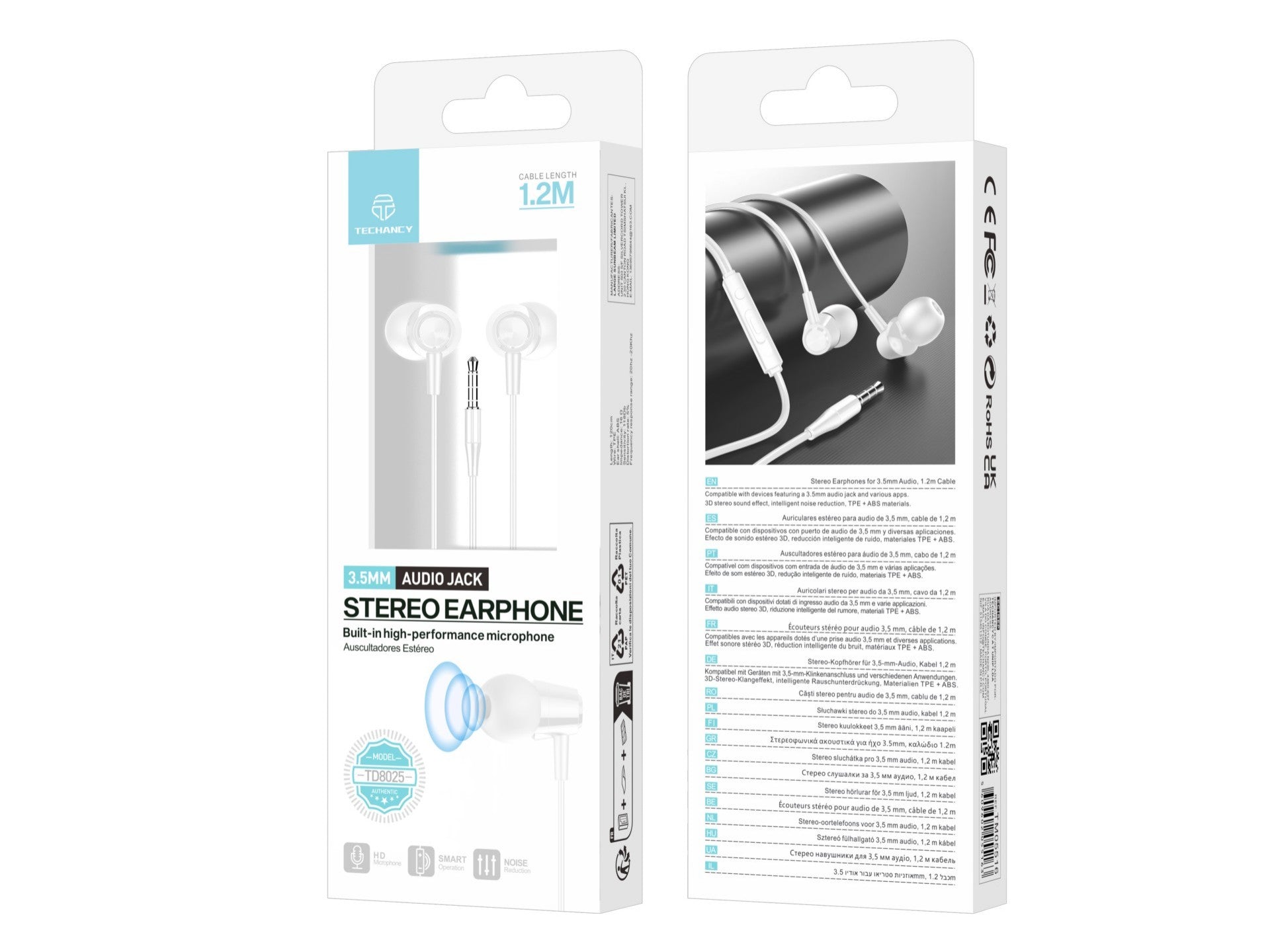 Techancy Auricular In Ear com Fio 3.5mm TD8025 Estereo Confortavel Som Claro com Controlo em Linha para Telemovel e Tablet