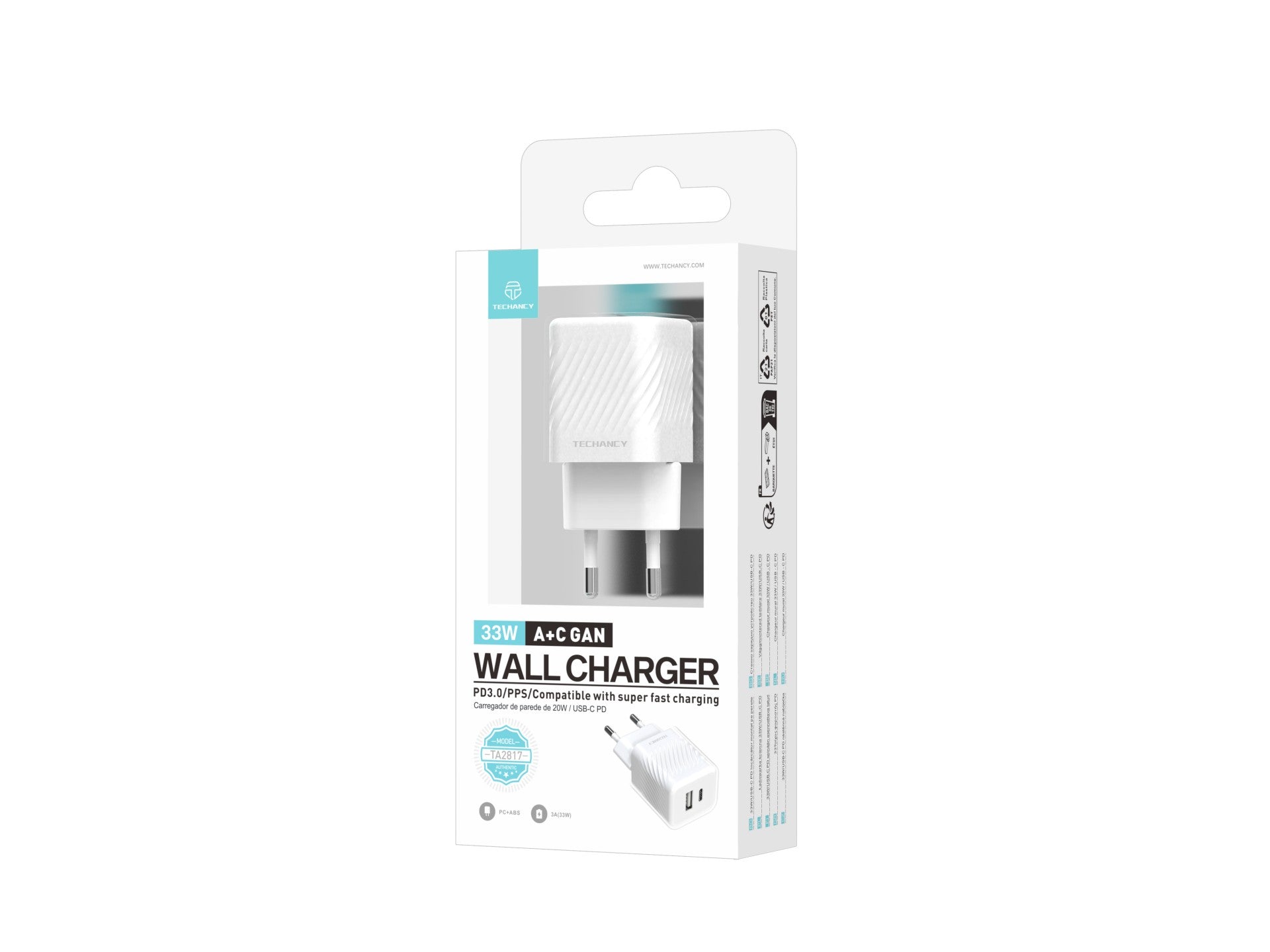 Techancy Carregador De Parede Pd Usb-C De 33 W Branco TA2817, Adaptador De Carregamento Rápido A + C De Porta Dupla Para Gan.