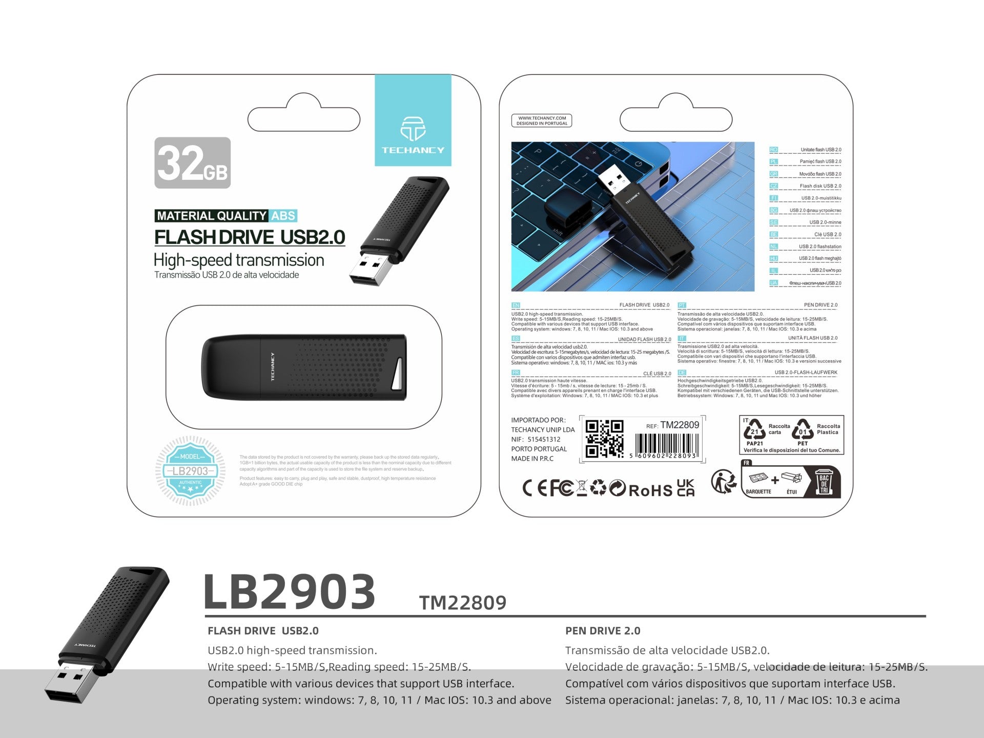 Techancy USB Flash Drive 32GB Preto LB2903, Usb 2.0, Compatível com PC/Mobile/Mac, Armazenamento seguro de ficheiros
