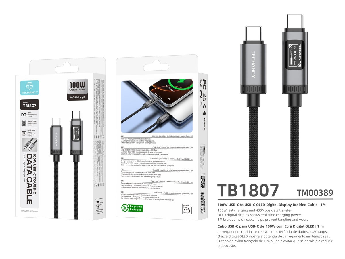 Cabo USB-C para USB-C 100W TECHANCY TB1807, 1 m, Ecra Digital OLED, Nylon Entrancado, Dados 480 Mbps, Preto