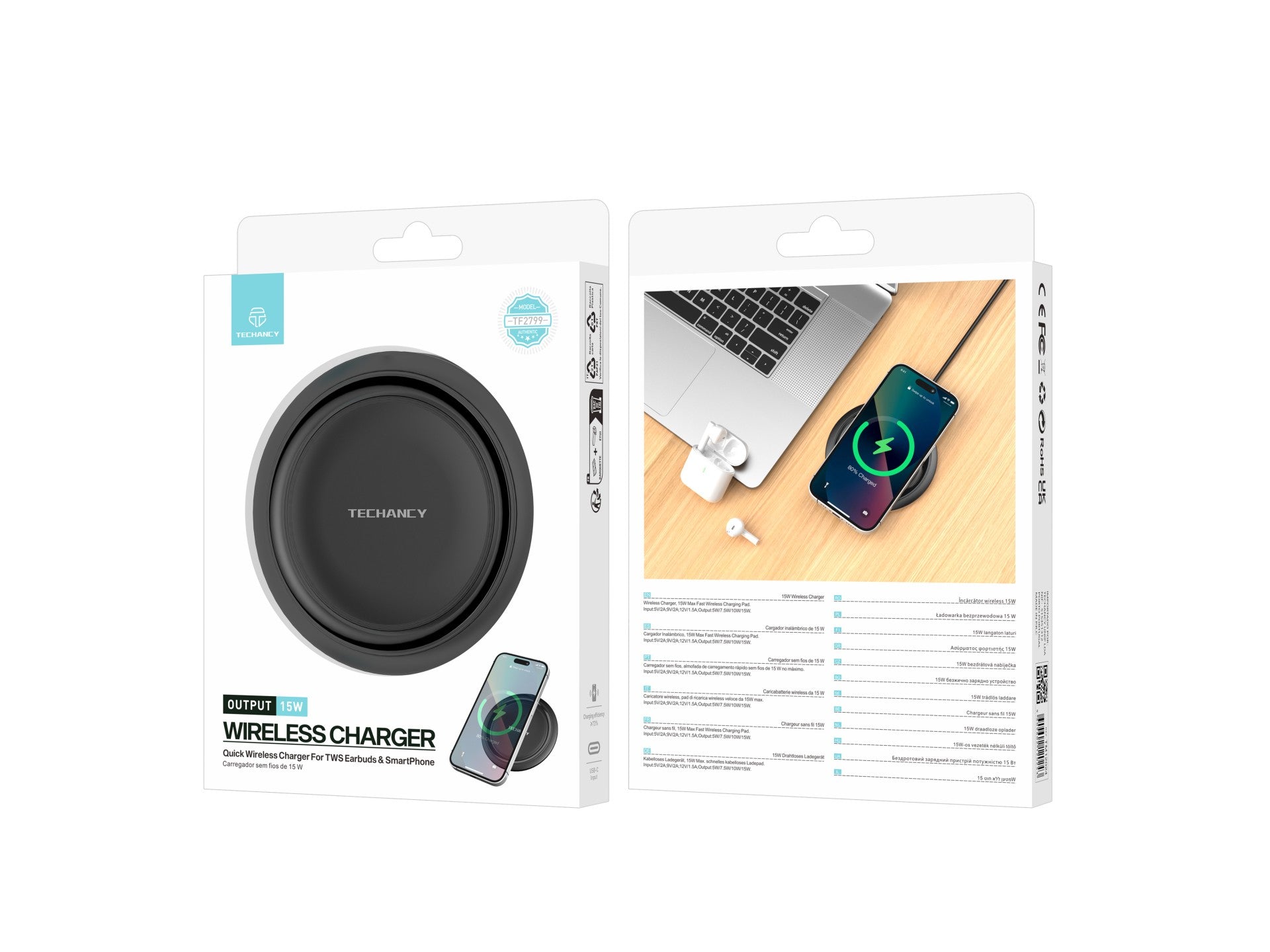 Techancy Wireless Charger 15W TF2799, compatible with various brands of smartphones, fast and safe charging, lightweight and portable