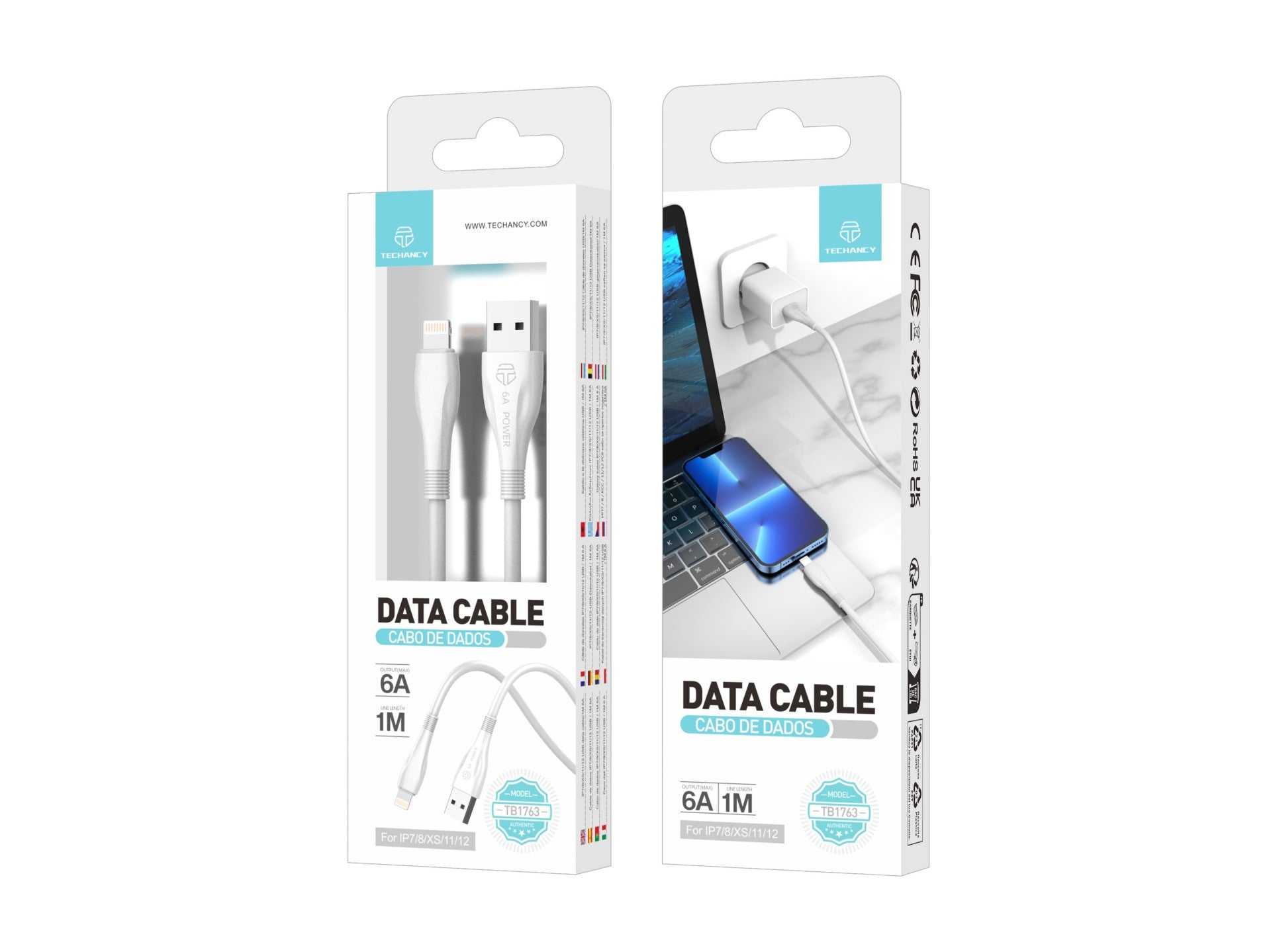 Techancy Super Fast Charging Data Cable 6A White TB1763, USB-IP8/X/11-14 Port, 1M Long, Fast Charging