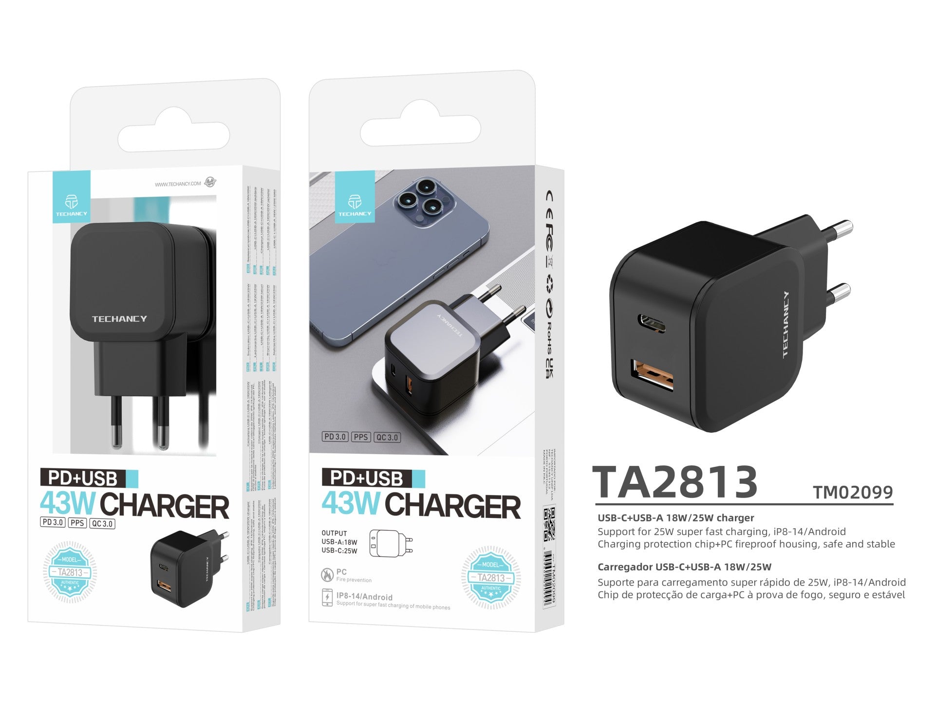 Techancy Carregador Rápido 43w Preto TA2813, Porta Dupla Pd+Usb, Compatível Com Ip8-16 E Dispositivos Android