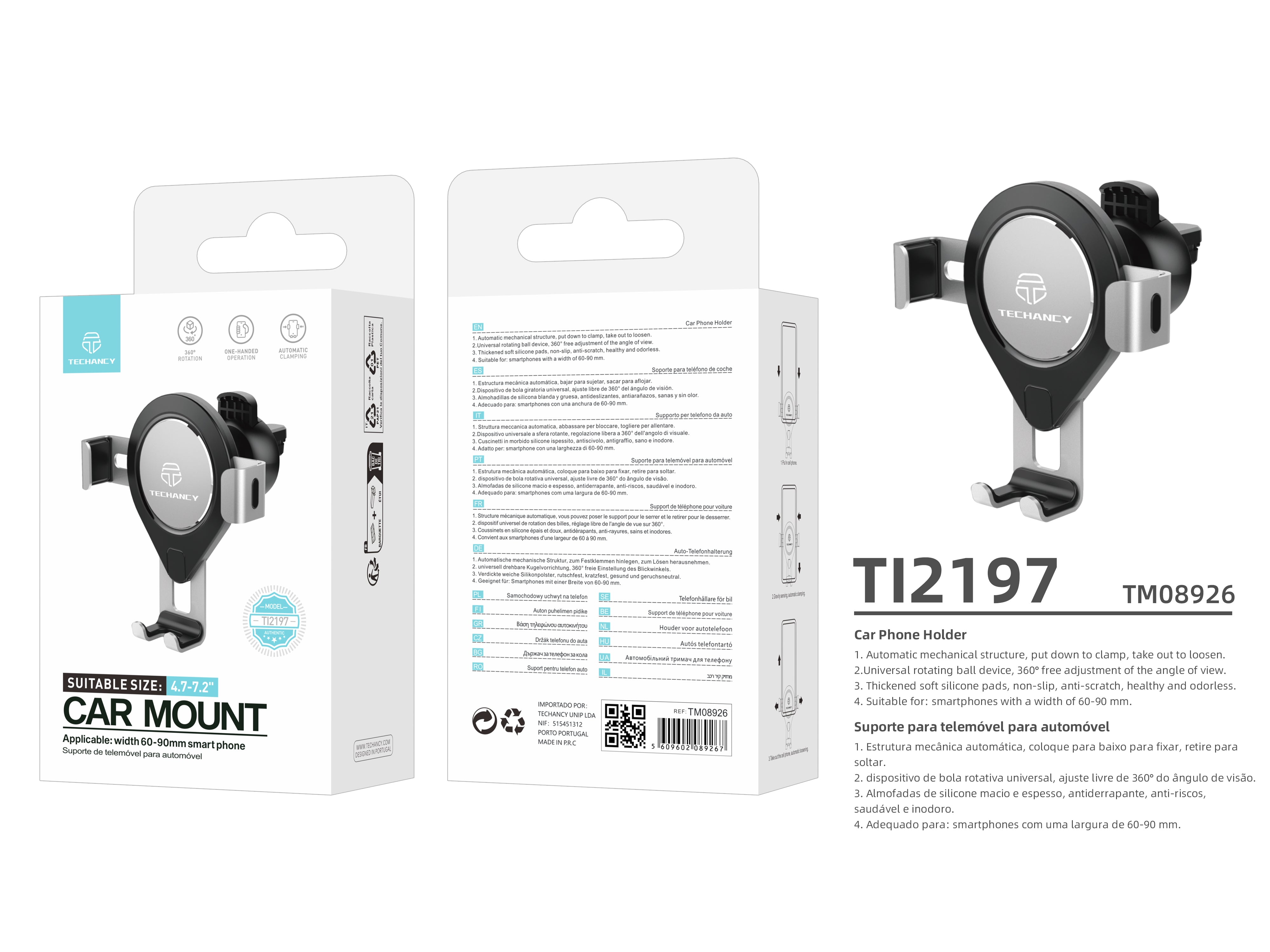 Car Phone Holder, Gray, TI2197, 360 Degree Rotation for 4.7-7.2 Inch Phones