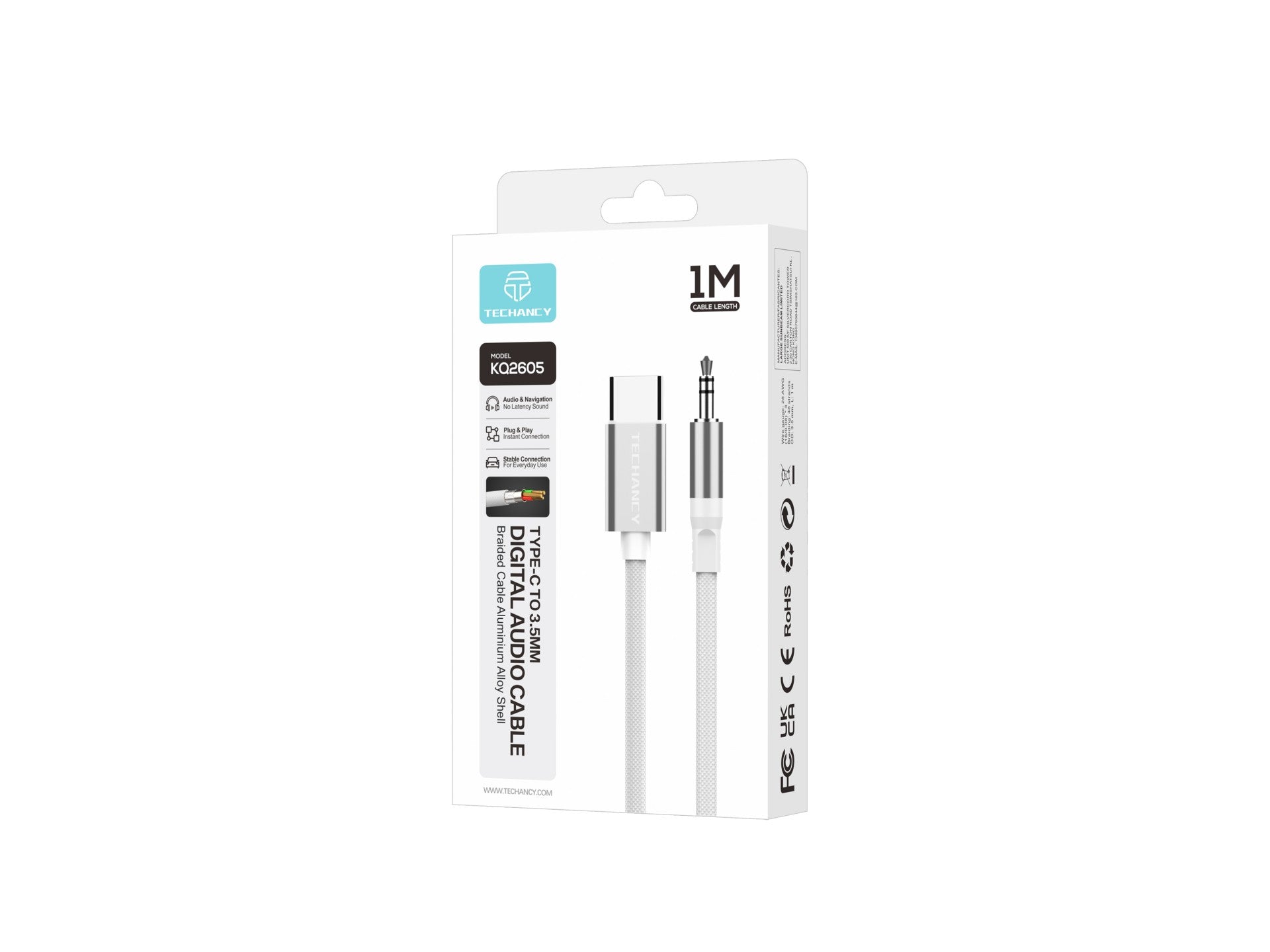 Techancy KQ2605 Type-C to 3.5mm Digital Audio Cable, 1M, Braided, Compatible with Mobile Phones, Car Audio and Headphones, White
