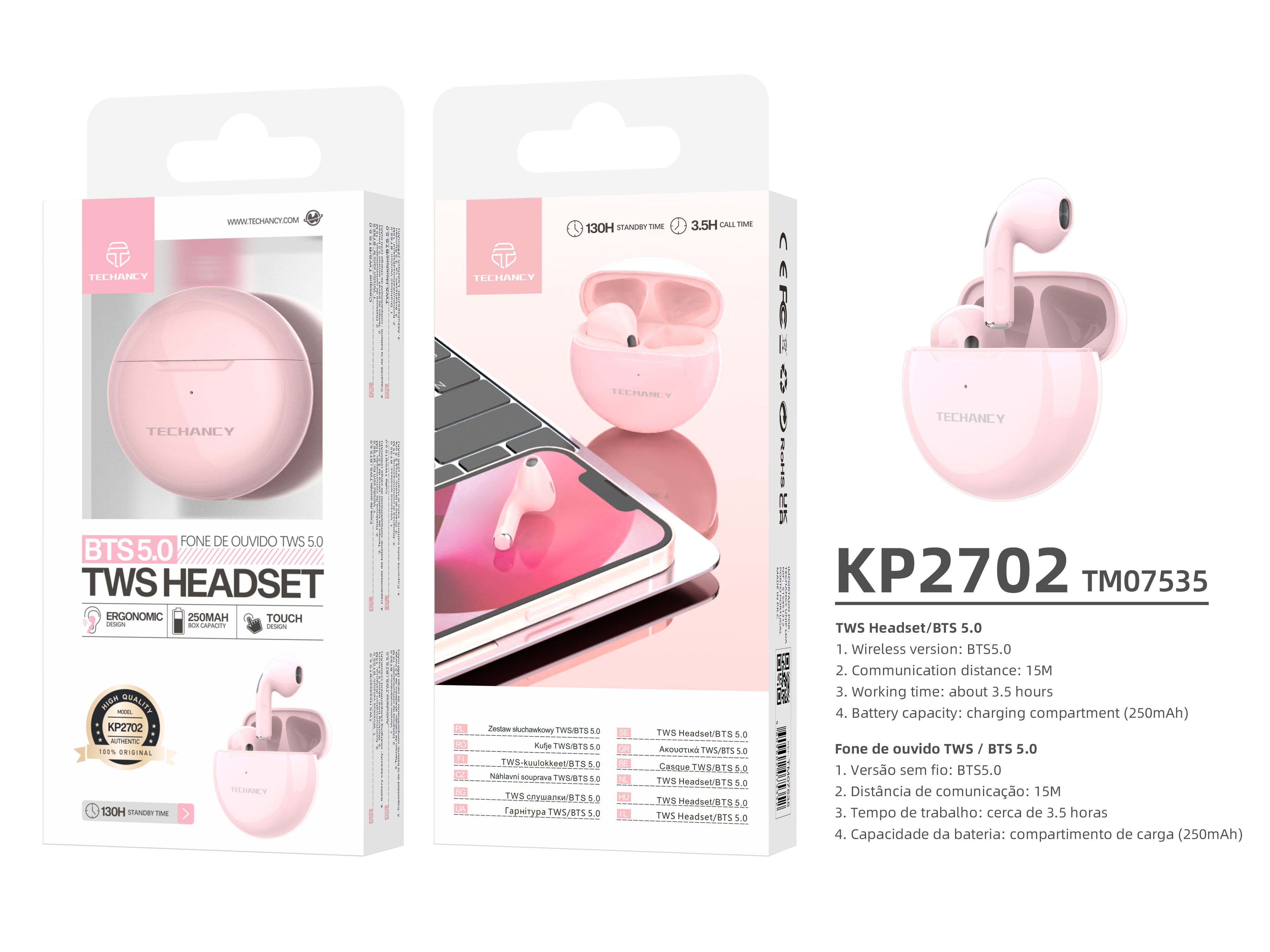 Techancy Pink Wireless Headphones KP2702, 10M Wireless Stereo Connection, 3-4 Hours Music Playback