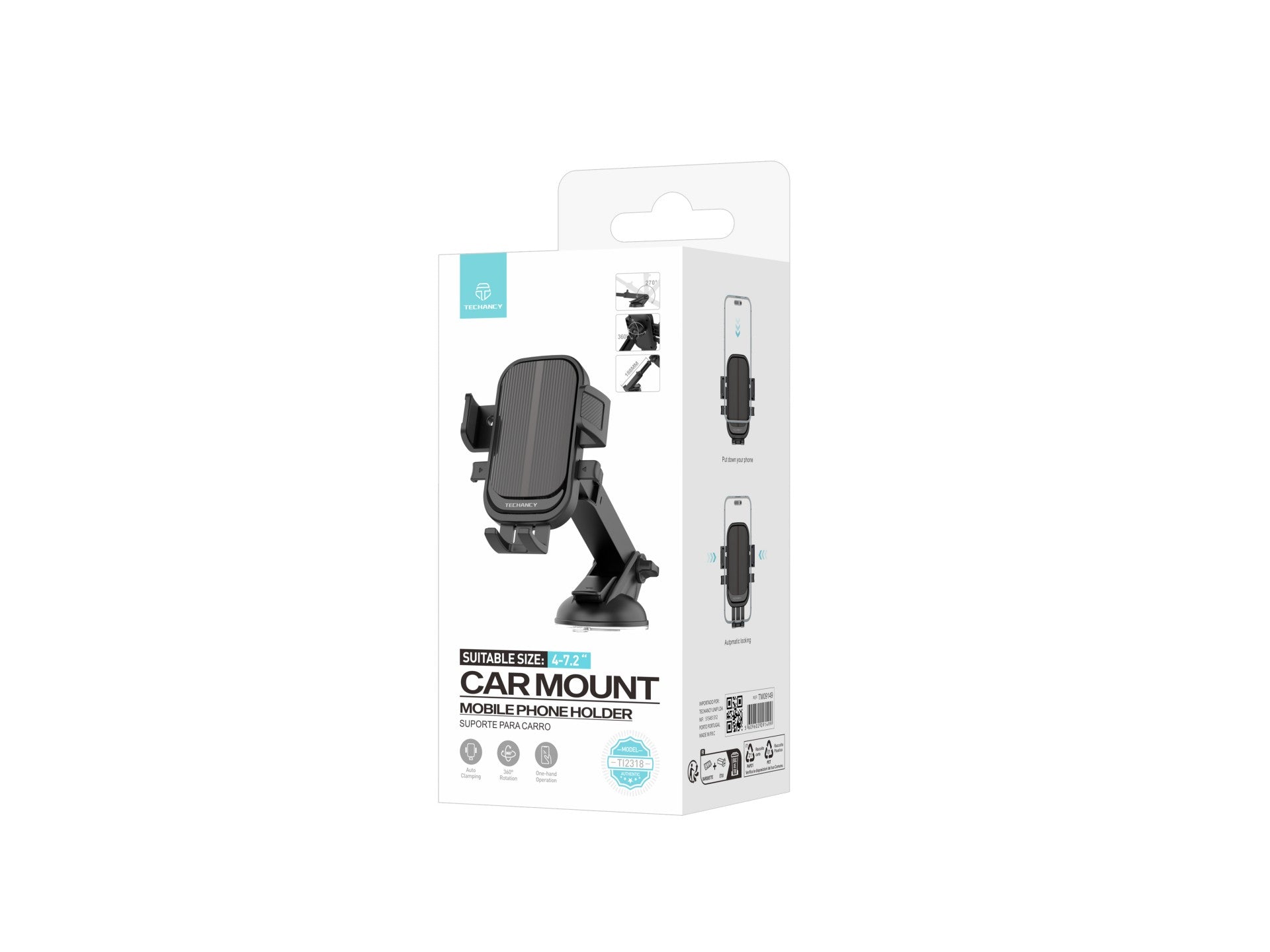 Soporte para teléfono de coche Techancy Ti2318, negro, de 4 a 7,2 pulgadas, con ventosa y bloqueo de un solo toque
