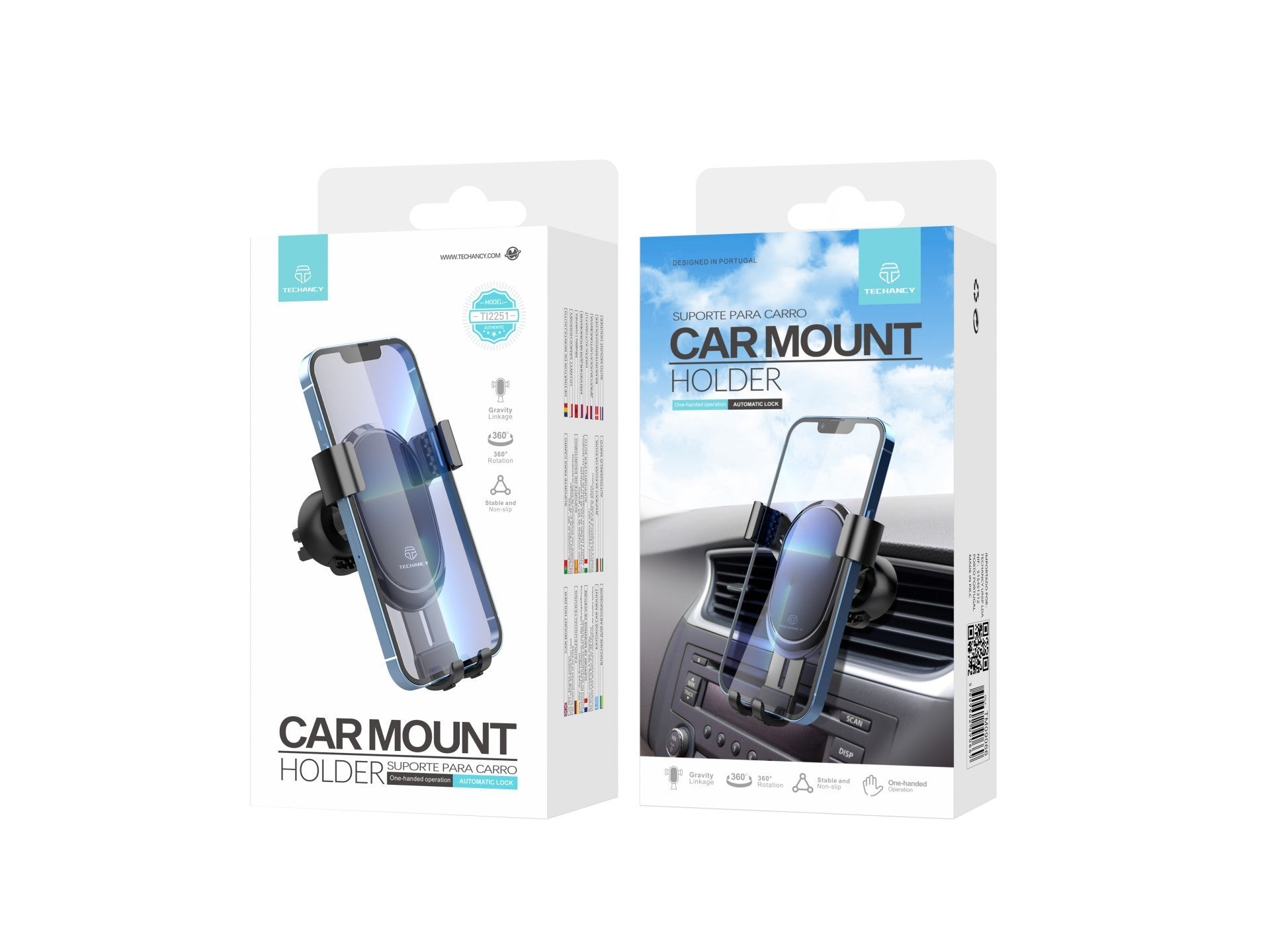 Techancy TI2251 Car Phone Holder, for 7.2” Phones, Firm Gravity Support, Metal.