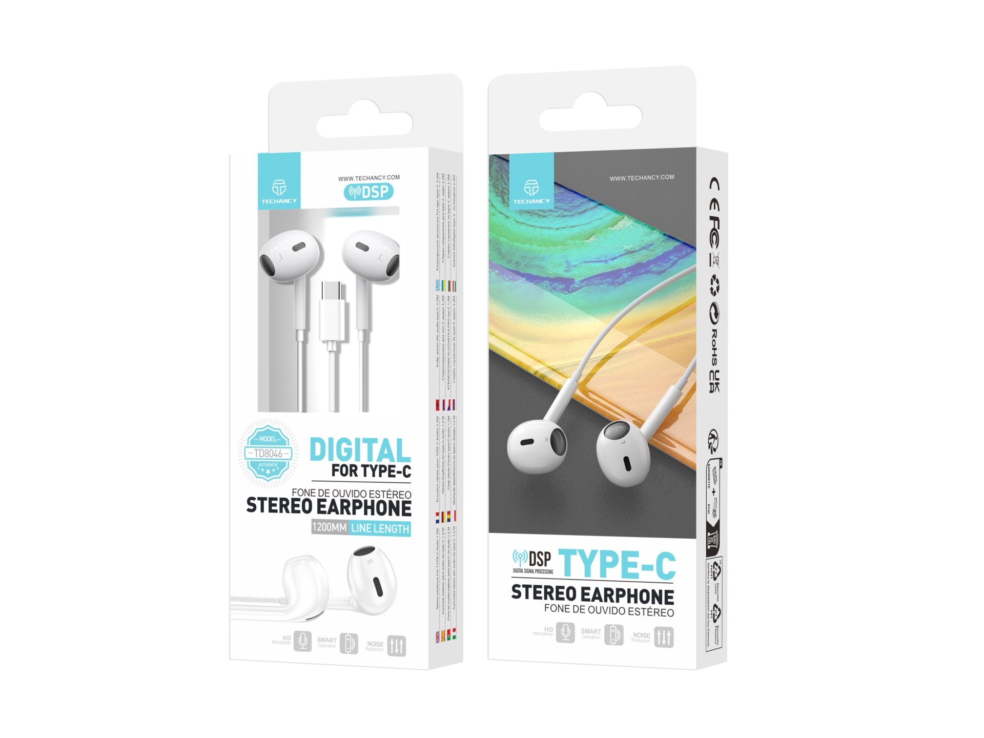 Techancy Stereo Headset Type C White TD8046, With Microphone, Call Volume Control, Plug and Play