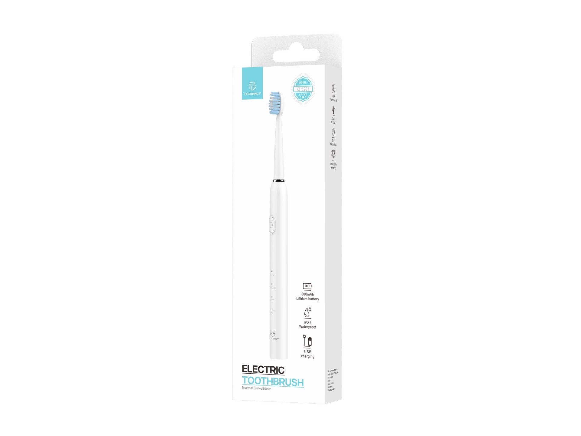 Techancy KH6201 White Electric Toothbrush, IPX7 Waterproof, Replaceable Brush Head, Rechargeable Battery