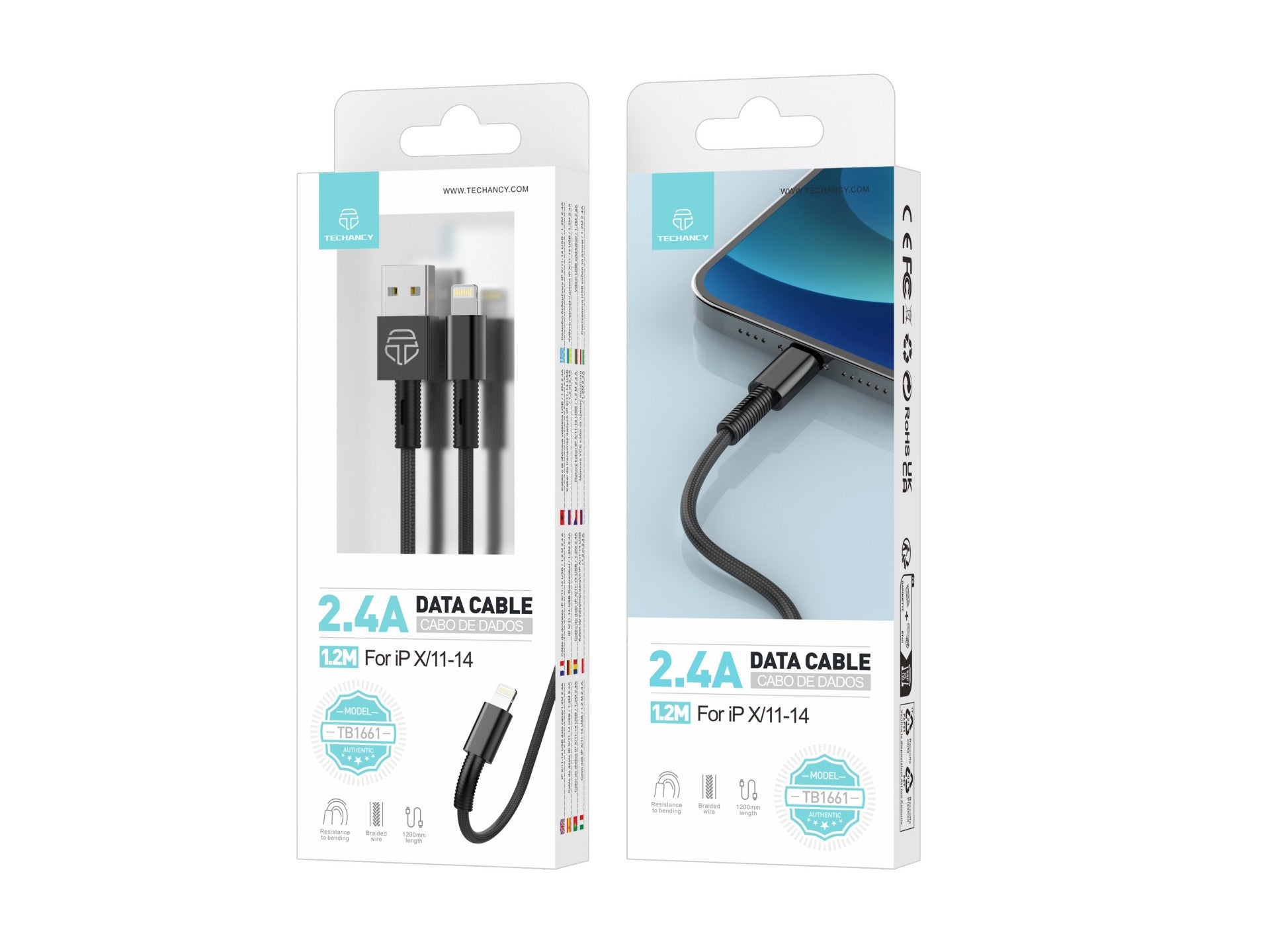 Techancy USB-Lightning Data Cable Black TB1717, 2.4A Fast Charging, Aluminum Alloy + Braided 1.2M