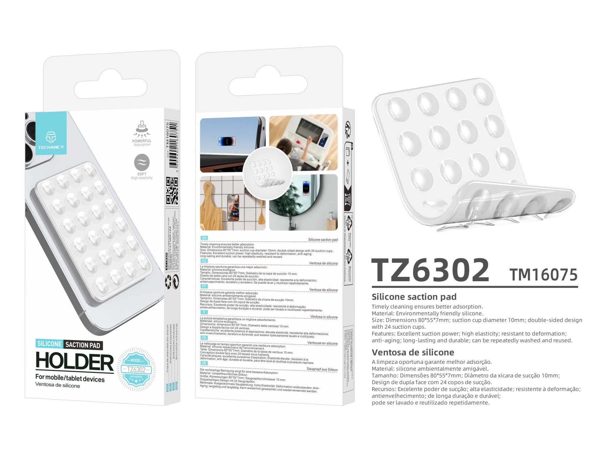 Techancy TZ6302 Suction Cup Mount for Mobile Phone Tablet Eco-Friendly Silicone 24 Suction Cups Strong Fixation Reusable Durable Washable White