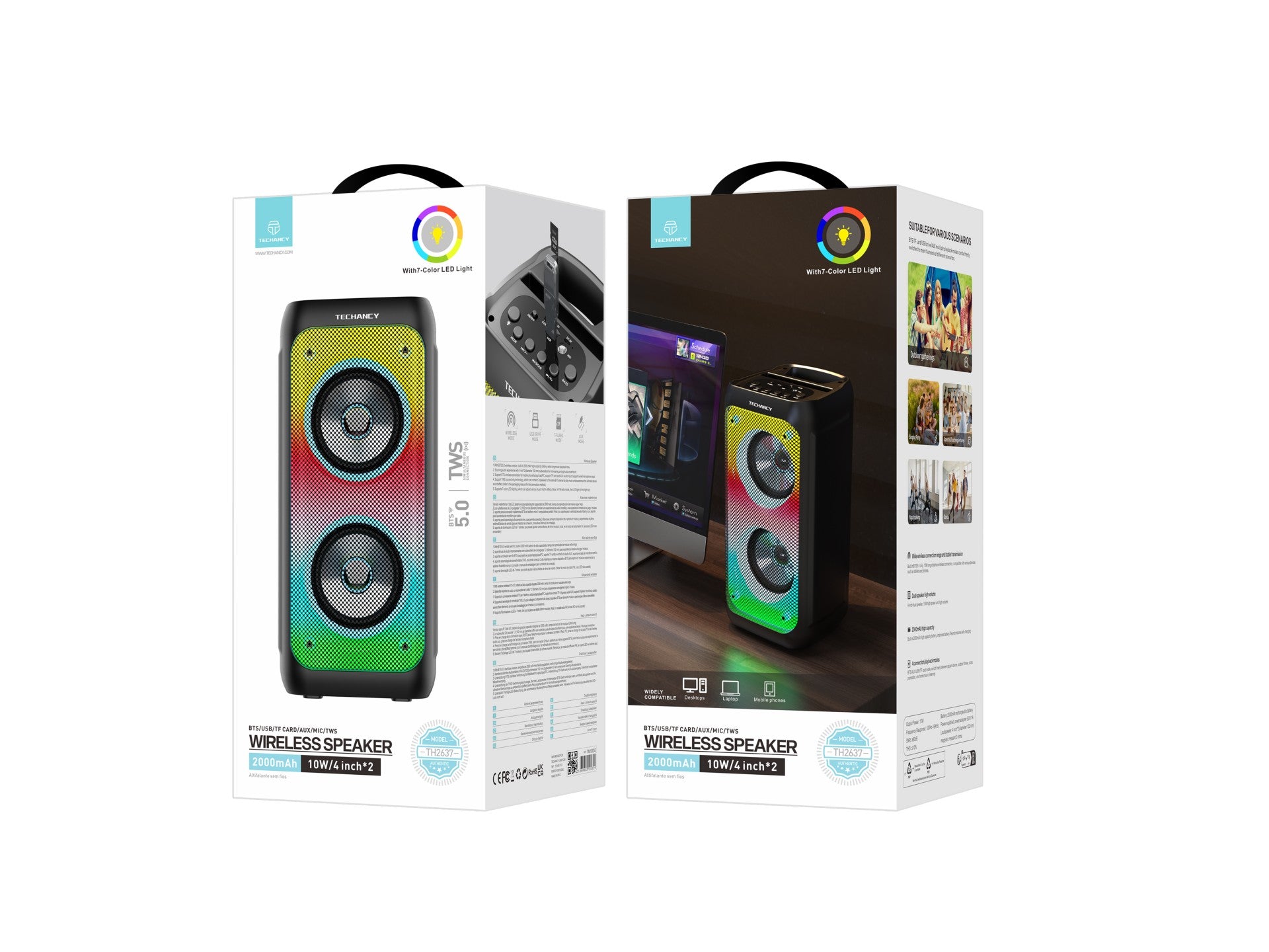 Altavoz Bluetooth inalámbrico Techancy TH2637, altavoz de 2 x 4 pulgadas, sonido estéreo TWS, ritmos de luz LED,