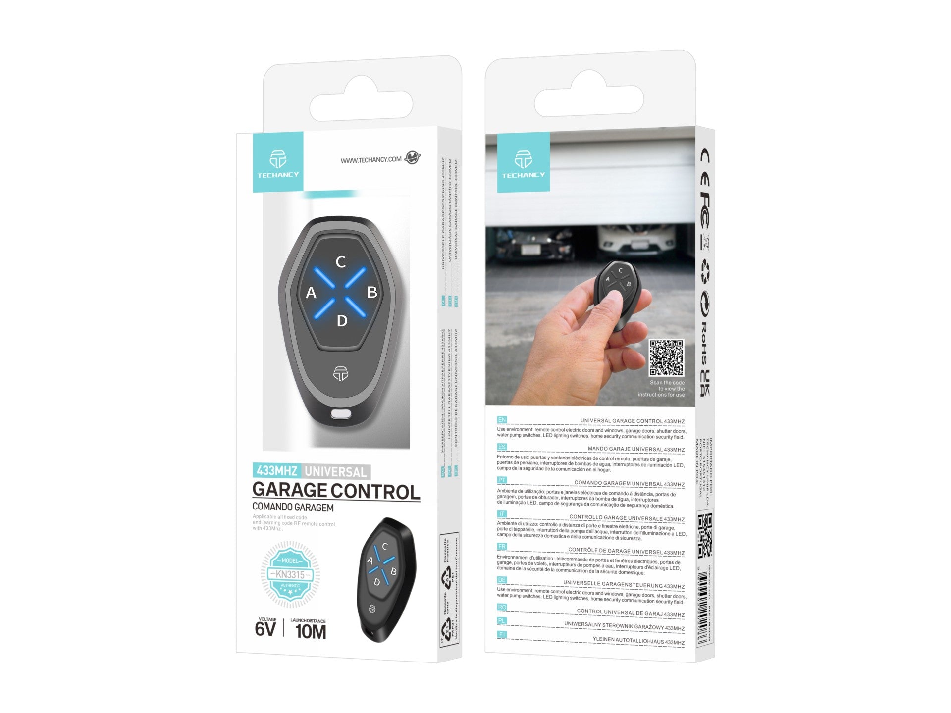Control remoto universal Techancy KN3315 433mhz, para ventanas, puertas, puertas de garaje, etc. Fácil de usar.