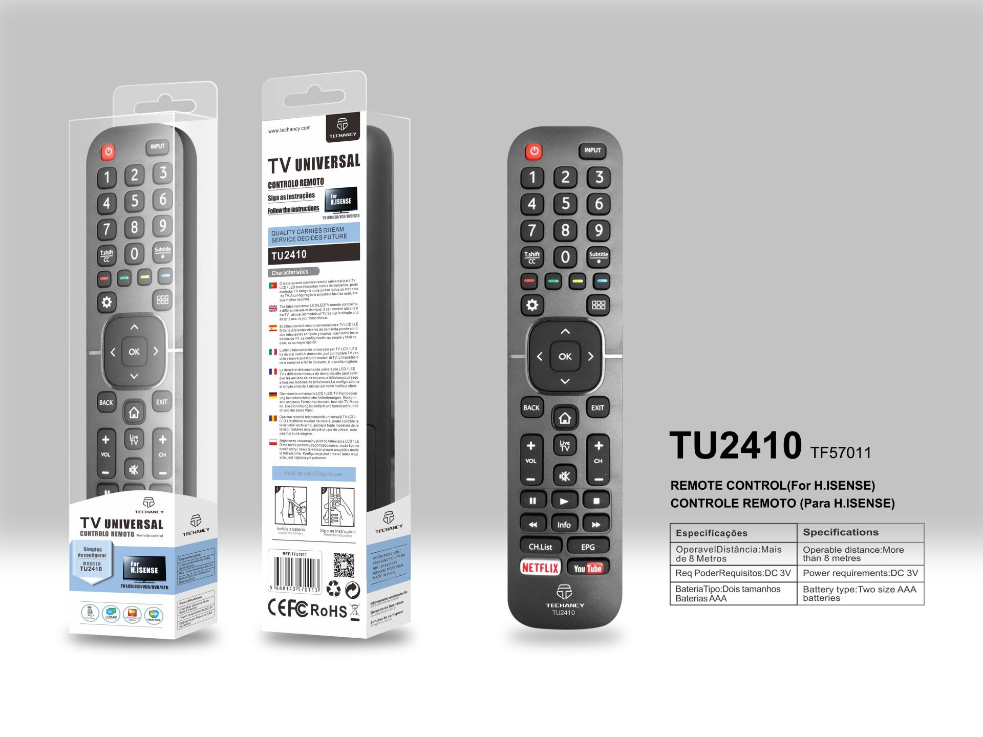 Techancy TV Wireless Remote Control, TU2410, No Setup Required, Remote Control for Hisense TVs, Black