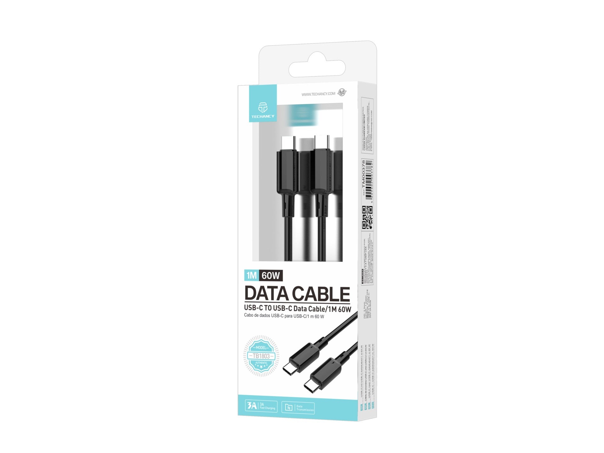 Techancy Cabo USB C para USB C TB1803 1m 60W Carregamento rapido e dados para Telemovel Tablet Portatil Preto