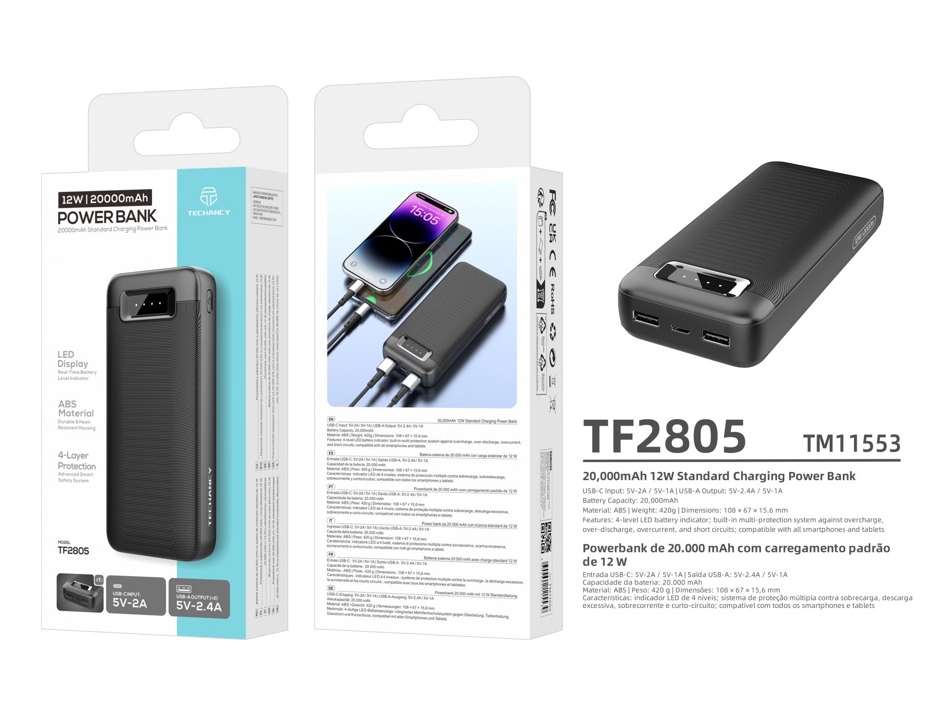 Techancy Power Bank 20000mAh TF2805 12W com USB-C e 2 USB, Indicador LED, Compativel com Telemoveis e Tablets, Preto