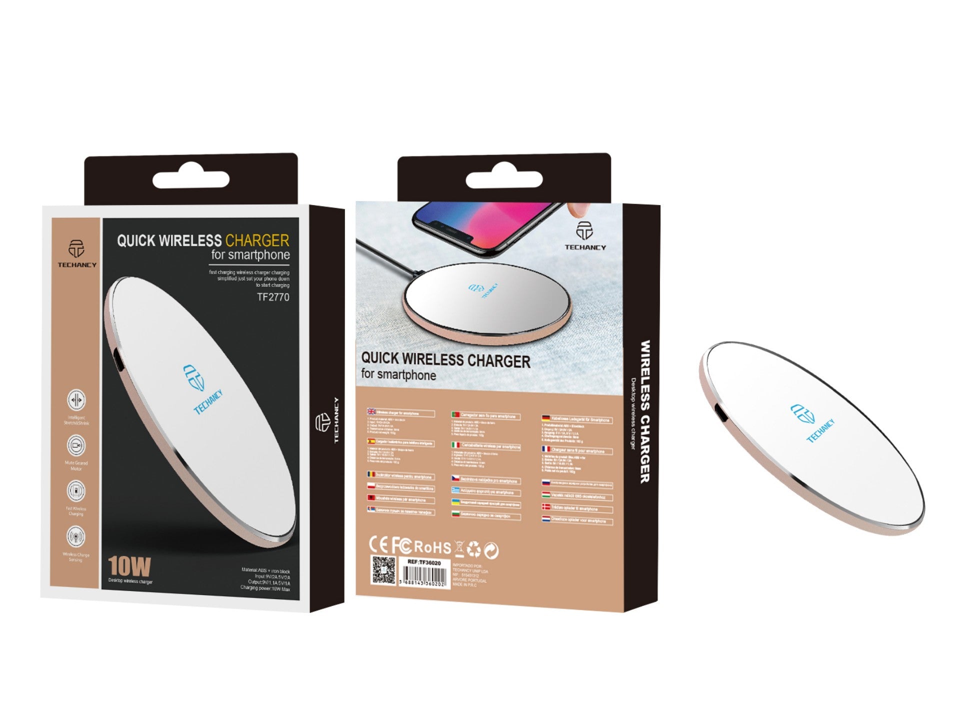Carregador sem fios Techancy 10 W para telemóveis, TF2770, compatível com telemóveis Android e Apple, branco